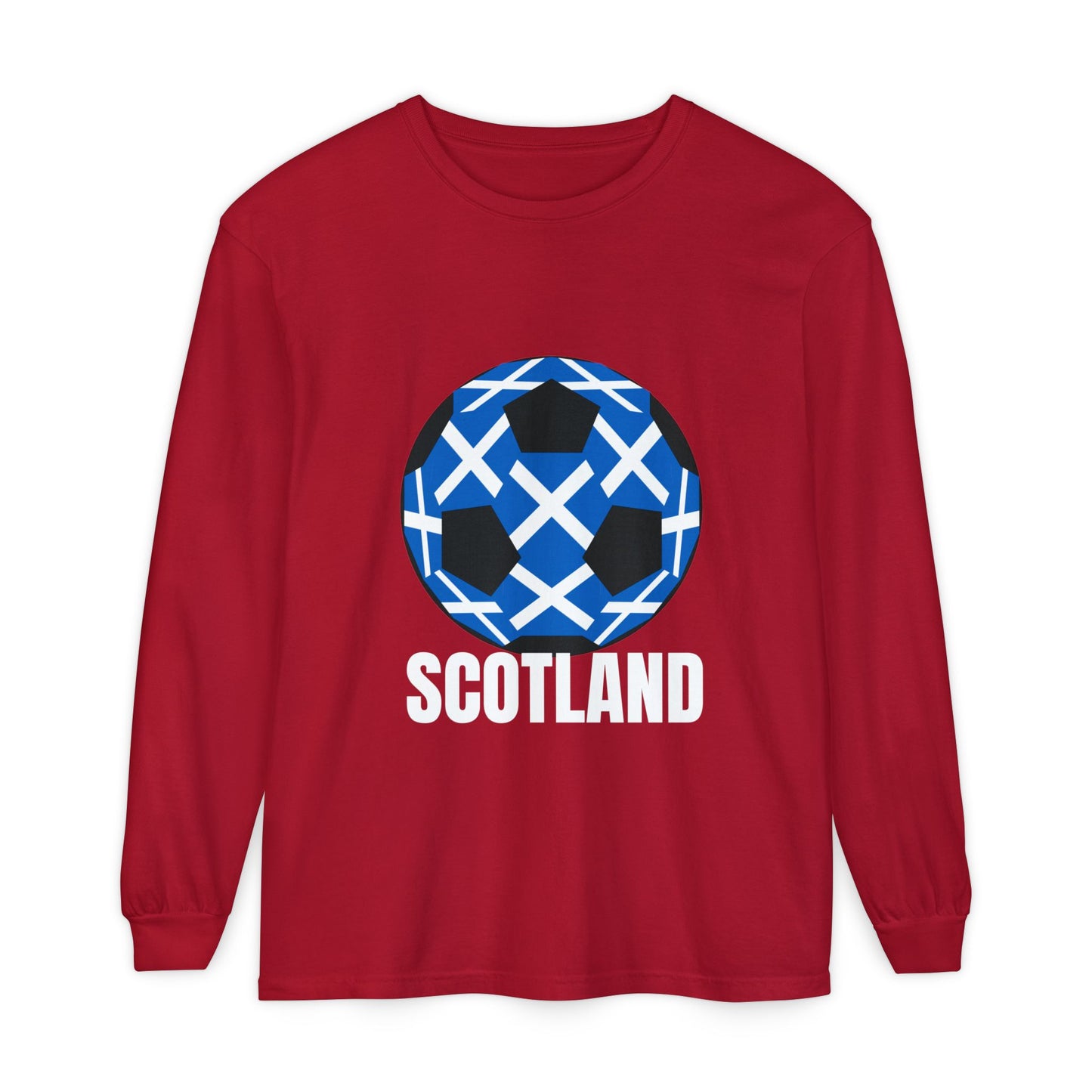 Scotland Fan Specialty Soccer Ball Design T Shirt Long Sleeve Tee White Text