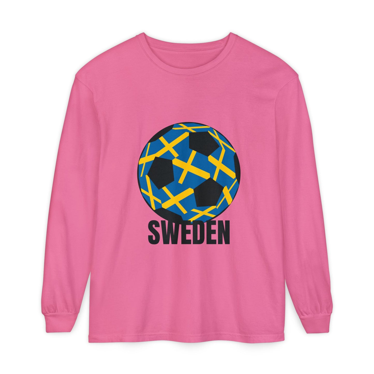 Sweden Fan Specialty Soccer Ball Design Long Sleeve Tee Black Text