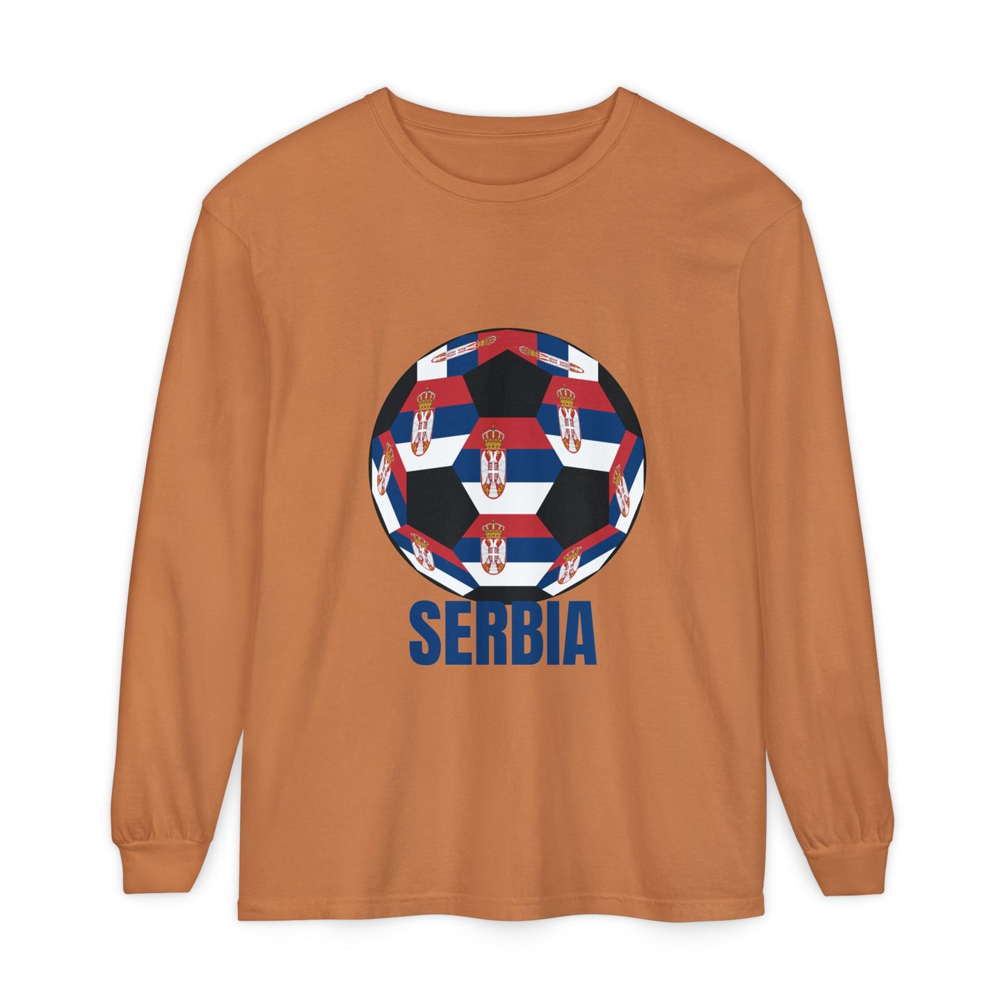 Serbia Fan Specialty Soccer Ball Design T Shirt Long Sleeve Shirt Blue Text