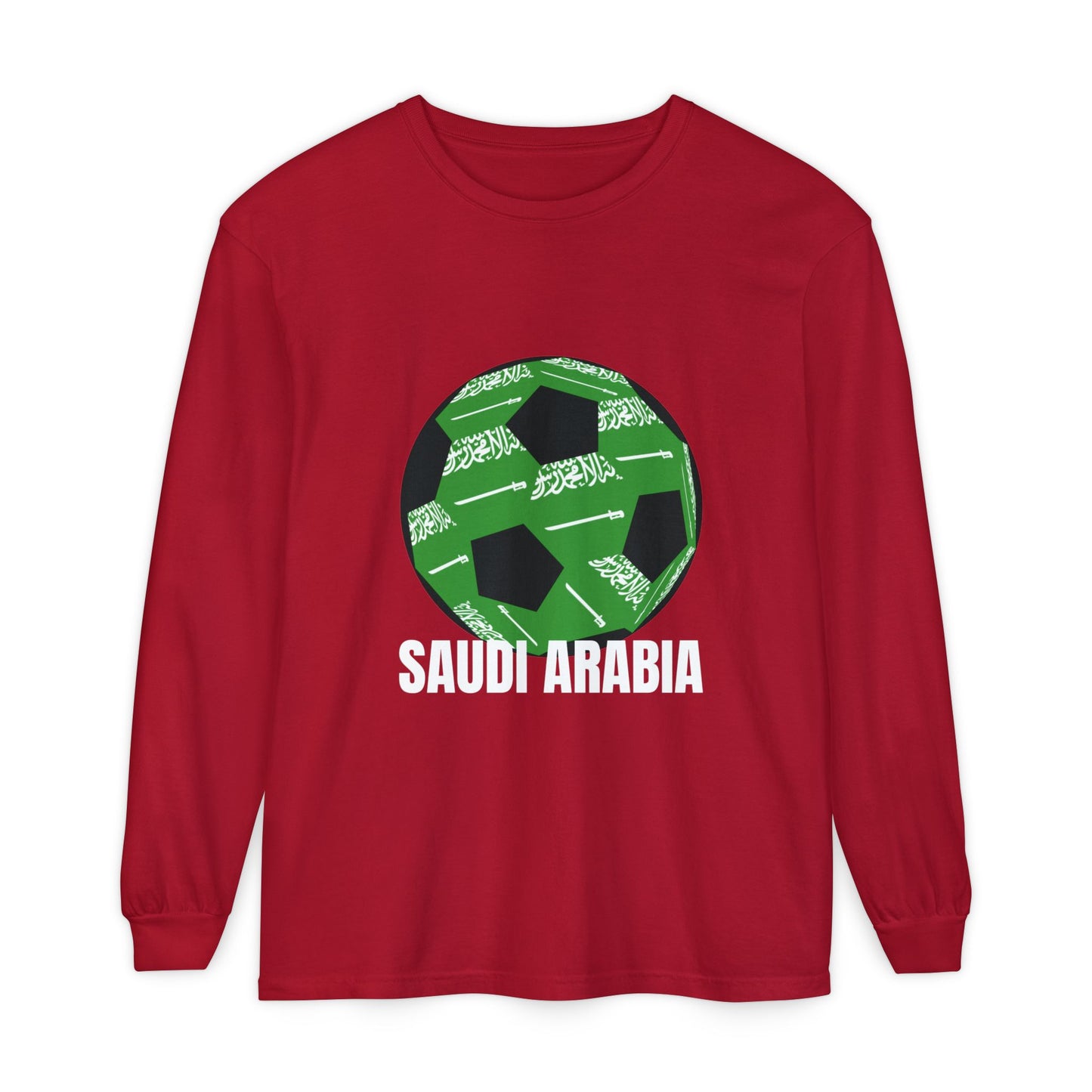 Saudi Arabia Fan Specialty Soccer Ball Design T Shirt Long Sleeve Tee White Text