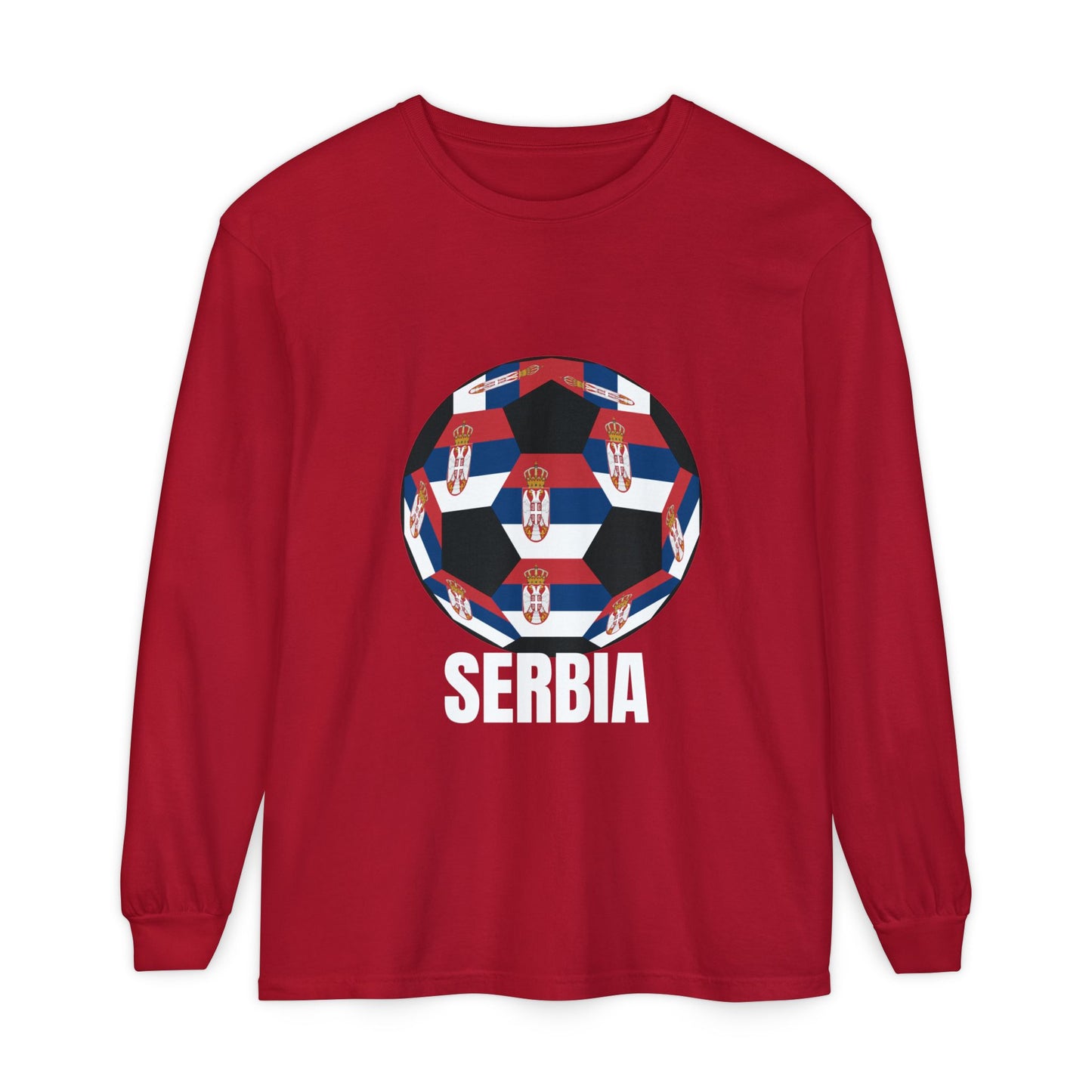 Serbia Fan Specialty Soccer Ball Design T Shirt Long Sleeve Tee White Text
