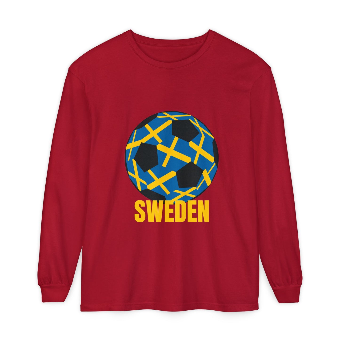 Sweden Fan Specialty Soccer Ball Design T Shirt Long Sleeve Tee Gold Text