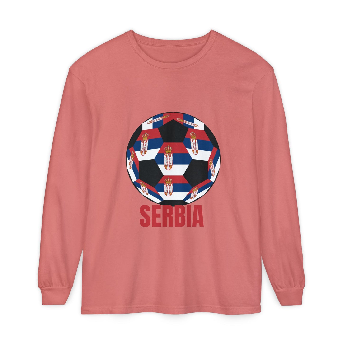 Serbia Fan Specialty Soccer Ball Design T Shirt Long Sleeve Tee Red Text