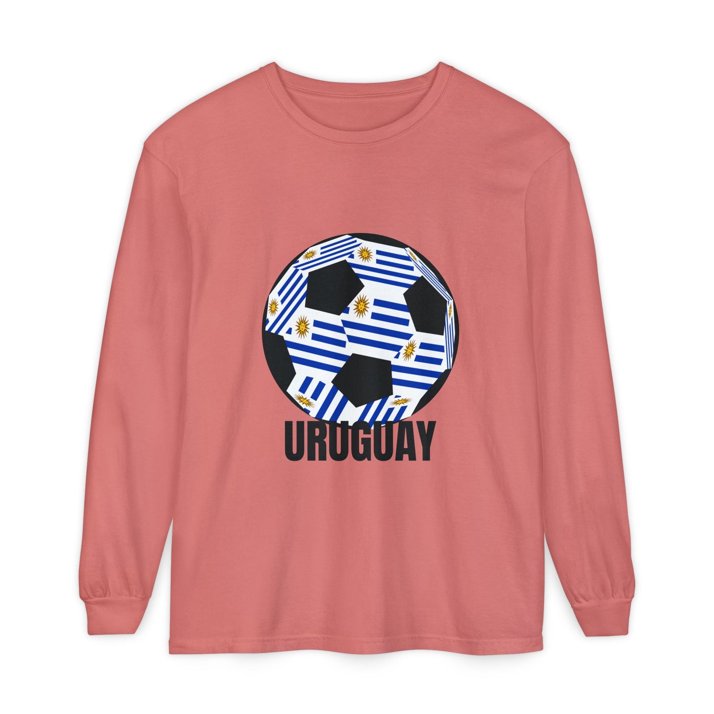 Uruguay Fan Specialty Soccer Ball Design Long Sleeve T-Shirt Black Text