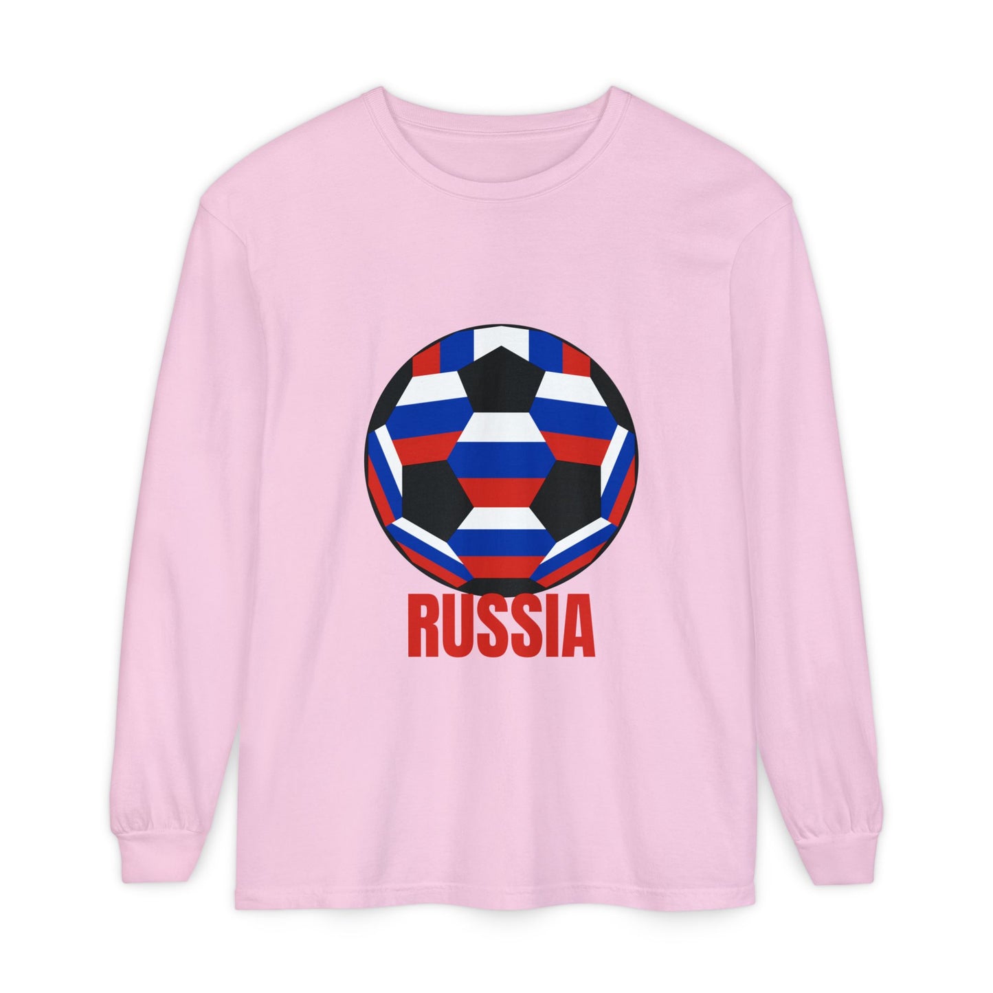 Russia Fan Specialty Soccer Ball Design T Shirt Long Sleeve T-Shirt Red Text