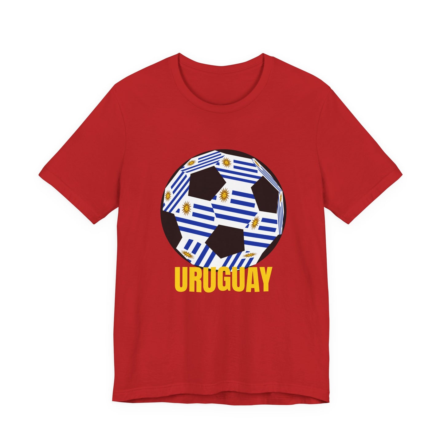 Uruguay Fan Specialty Soccer Ball Design T Shirt Gold Text