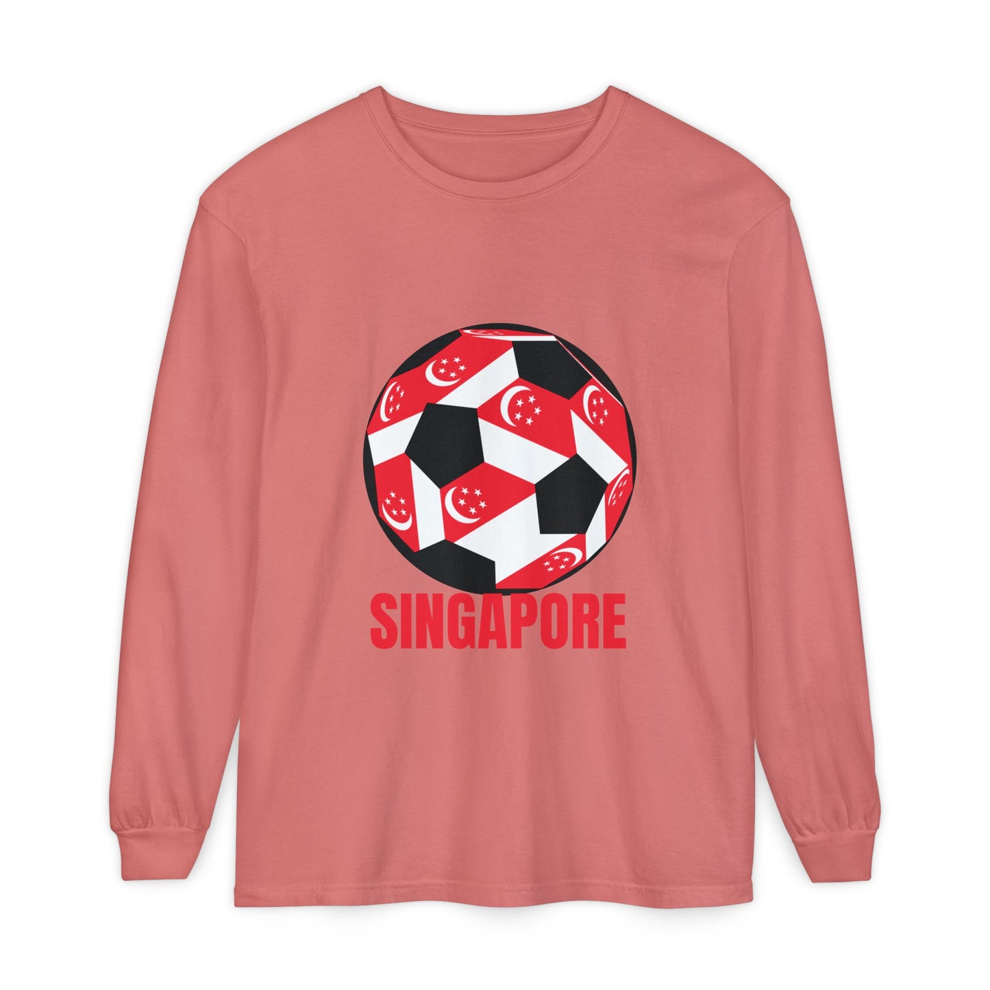Singapore Fan Specialty Soccer Ball Design T ShirtLong Sleeve Tee Red Text
