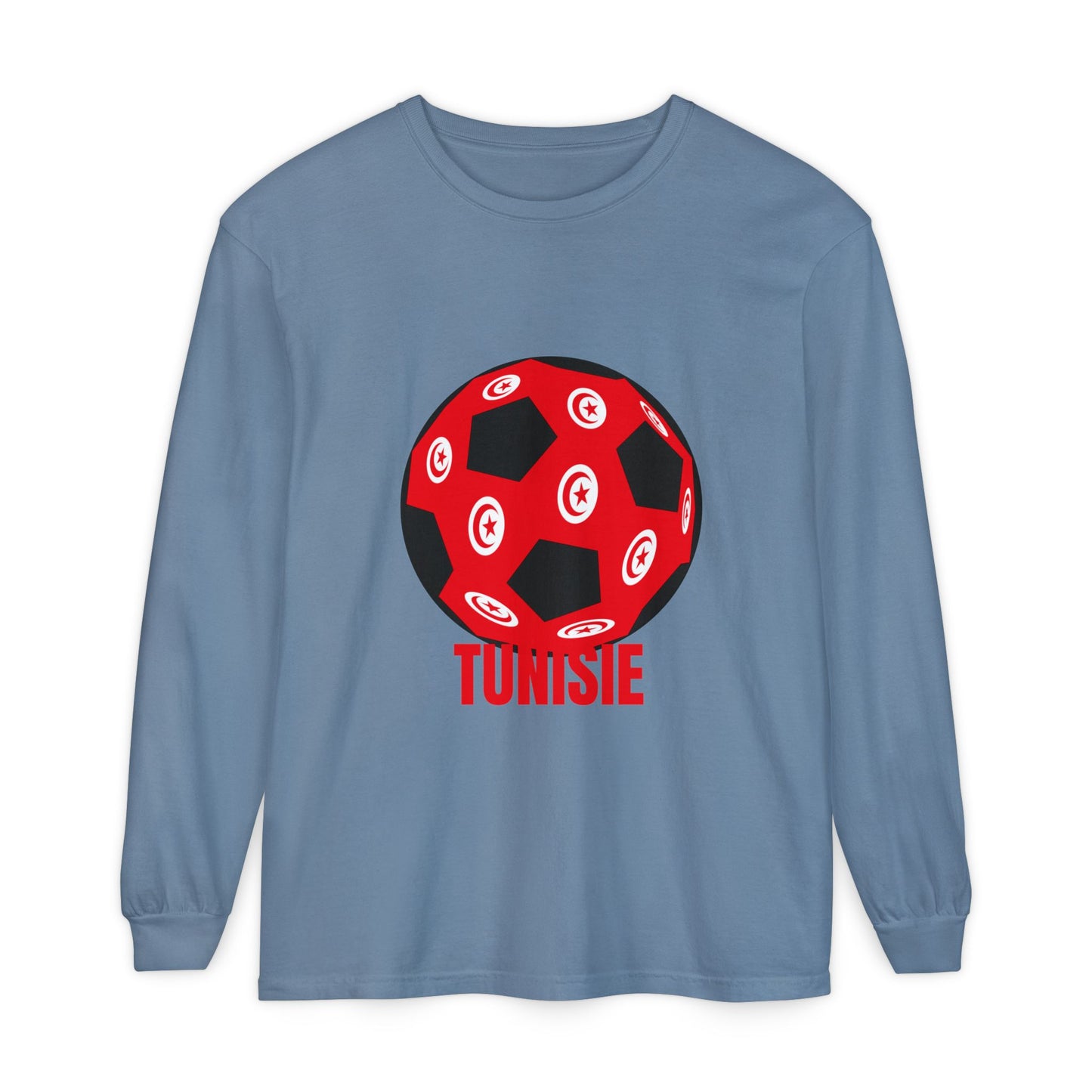 Tunisie Fan Specialty Soccer Ball Design T Shirt Long Sleeve Tee Red Text