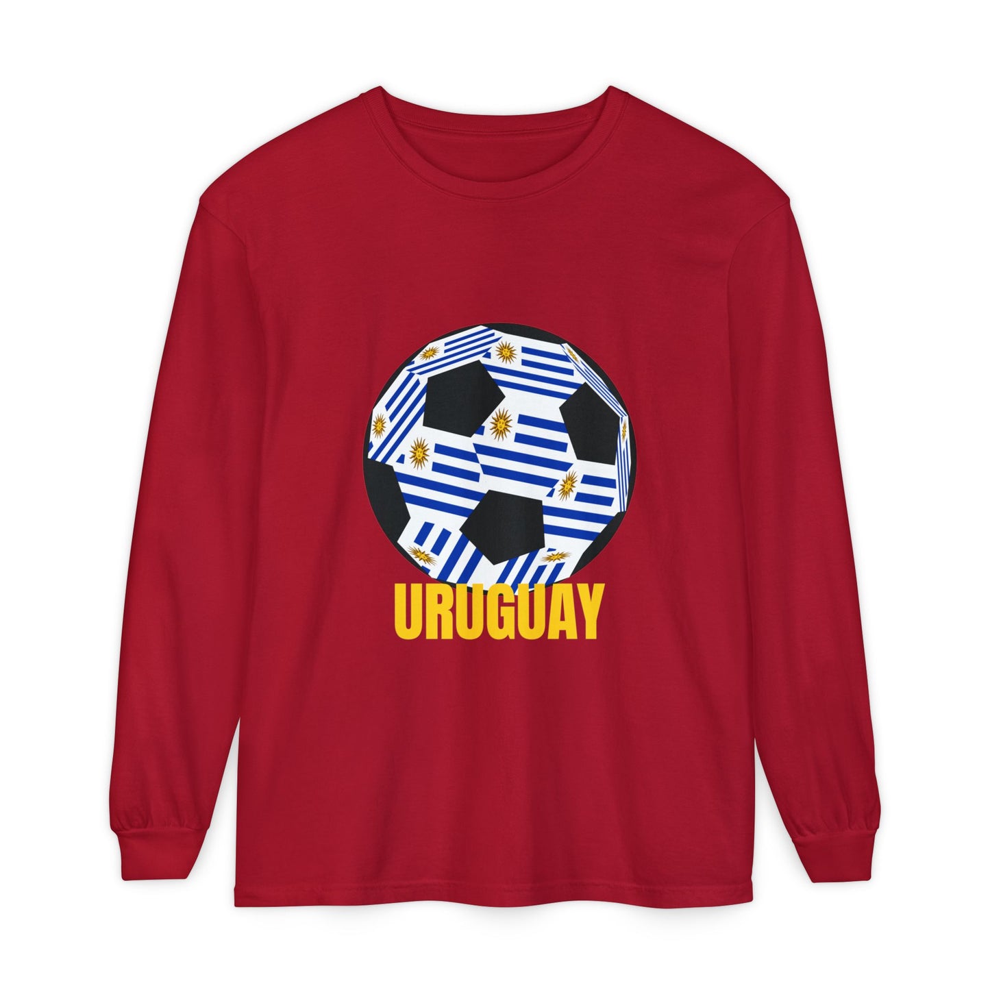 Uruguay Fan Specialty Soccer Ball Design Long Sleeve T Shirt Gold Text