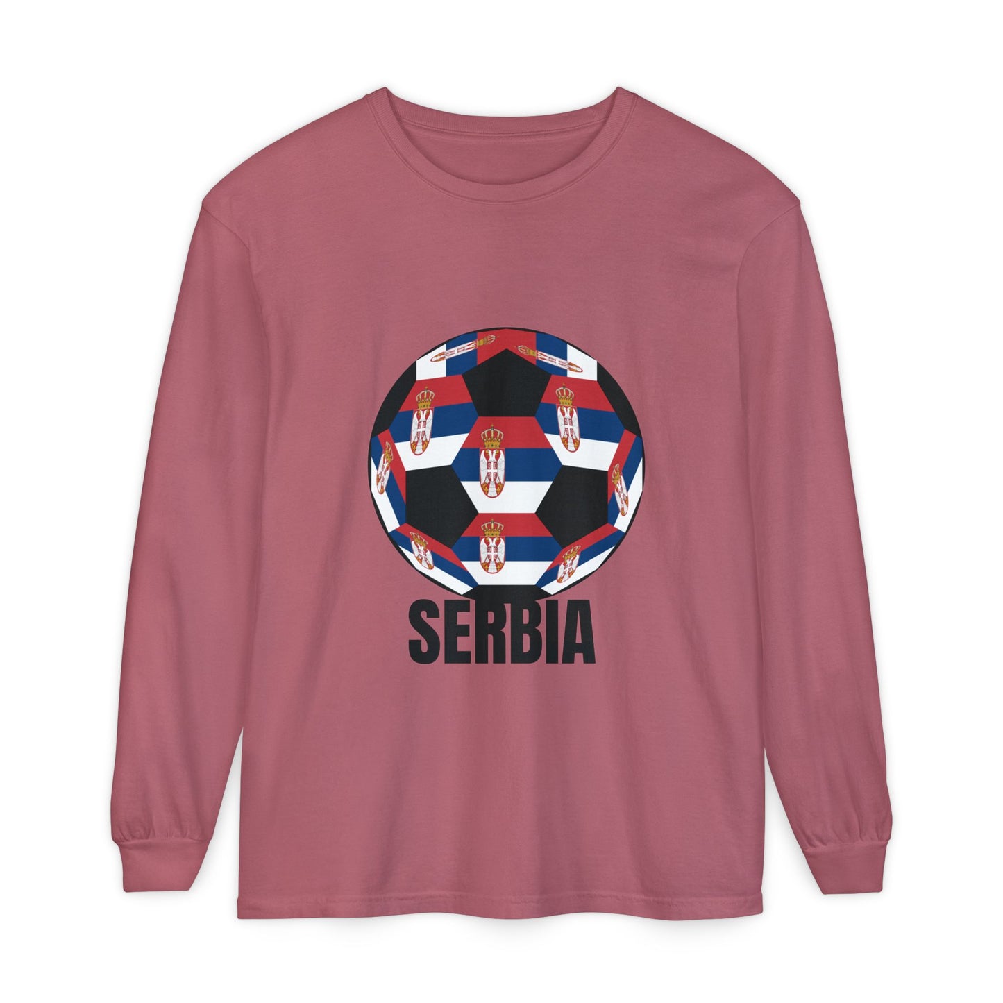 Serbia Fan Specialty Soccer Ball Design T Shirt Long Sleeve Tee Black Print