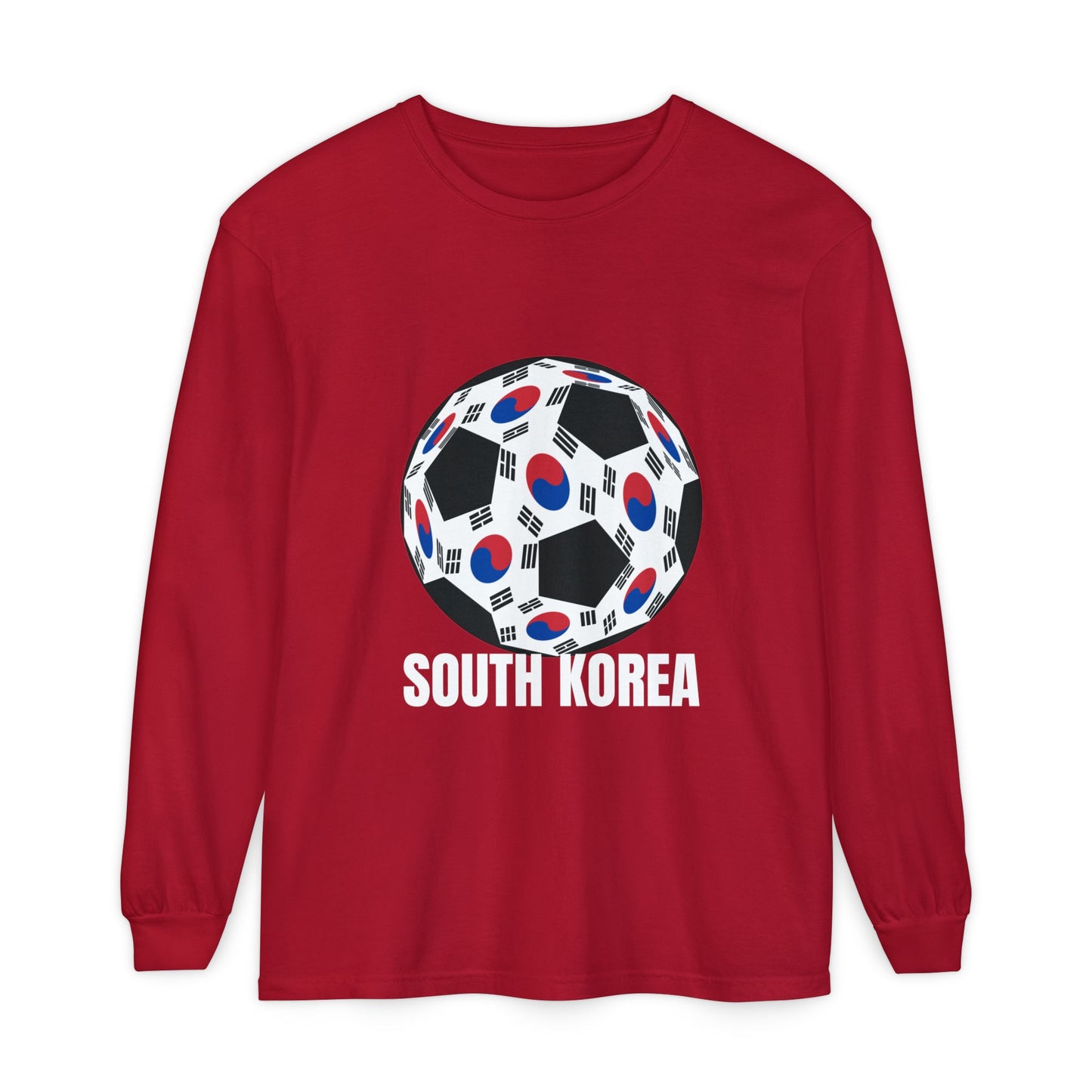 South Korea Fan Specialty Soccer Ball Design T Shirt Long Sleeve Tee White Text