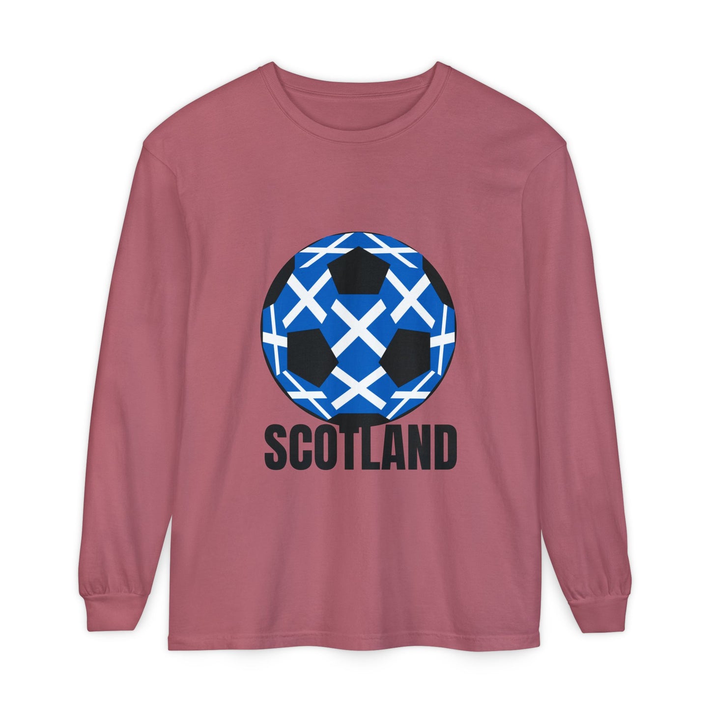 Scotland Fan Specialty Soccer Ball Design T Shirt Long Sleeve Tee Black Text