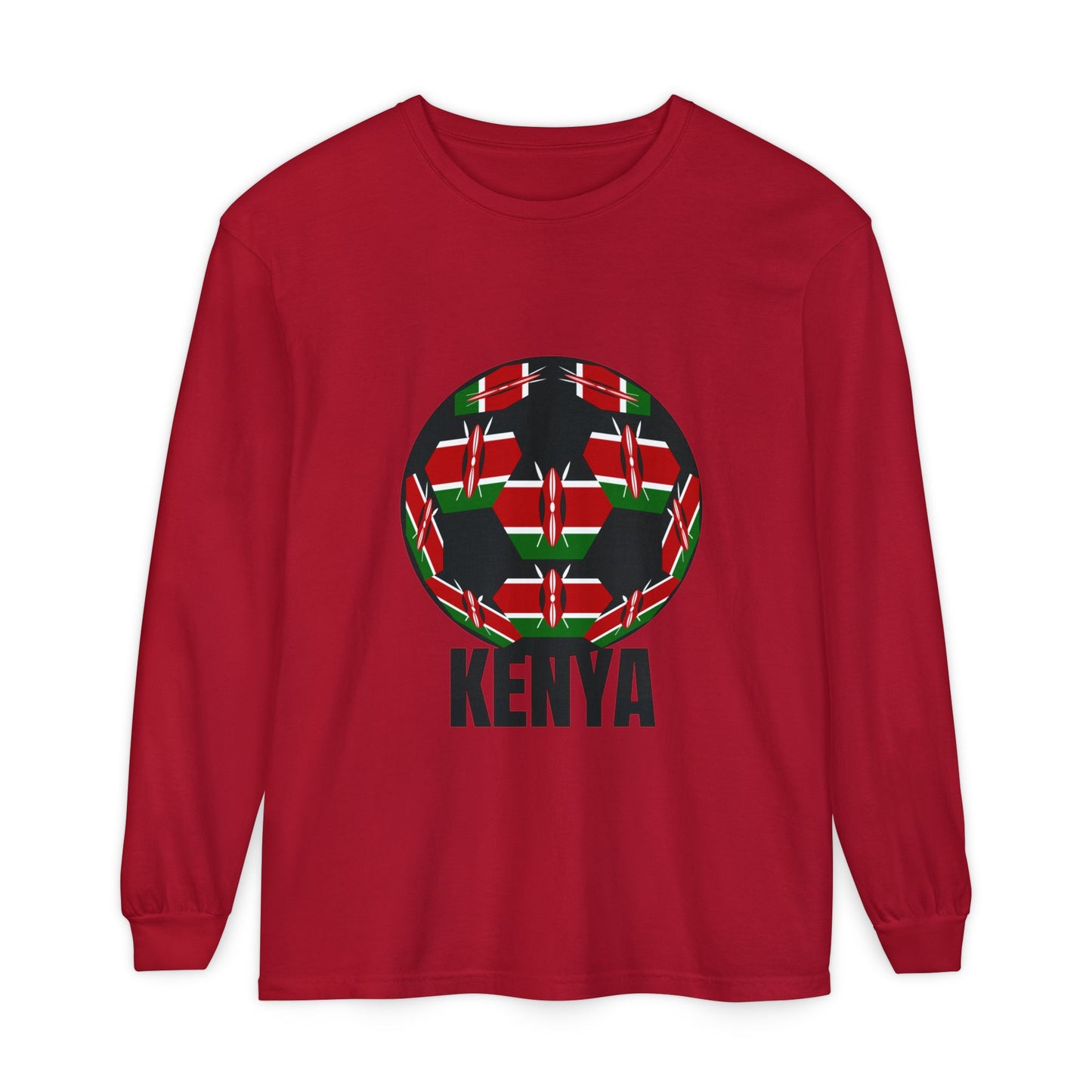 Kenya Fan Specialty Soccer Ball Design Long Sleeve Tee Black Text