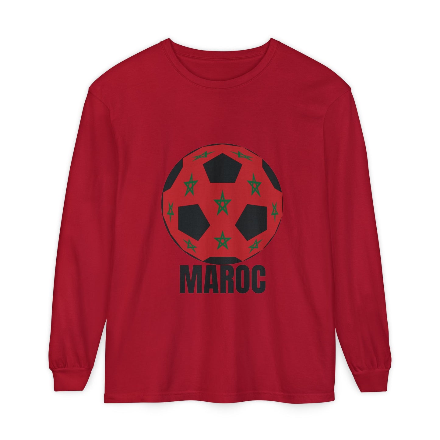 Morocco Maroc Fan Specialty Soccer Ball Design T Shirt Long Sleeve Tee Black Text