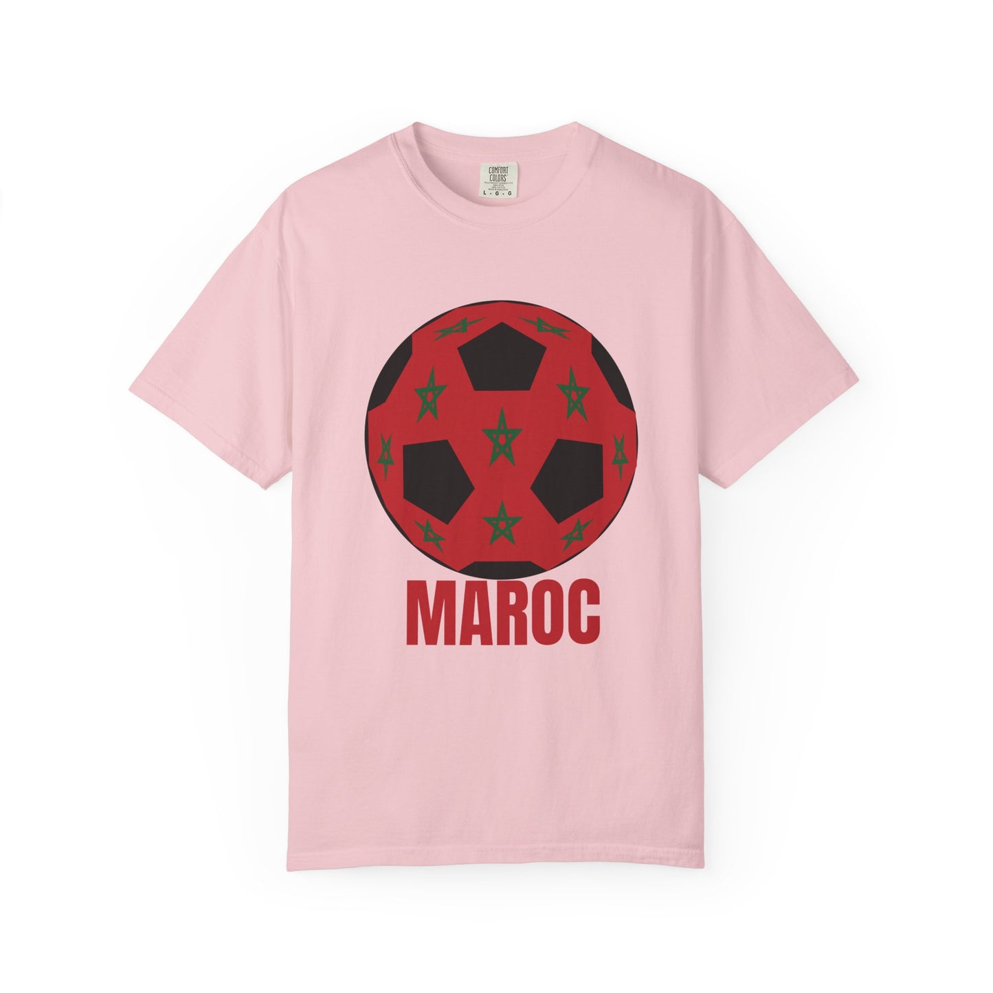 Morocco Maroc Fan Specialty Soccer Ball Design T Shirt Red Text