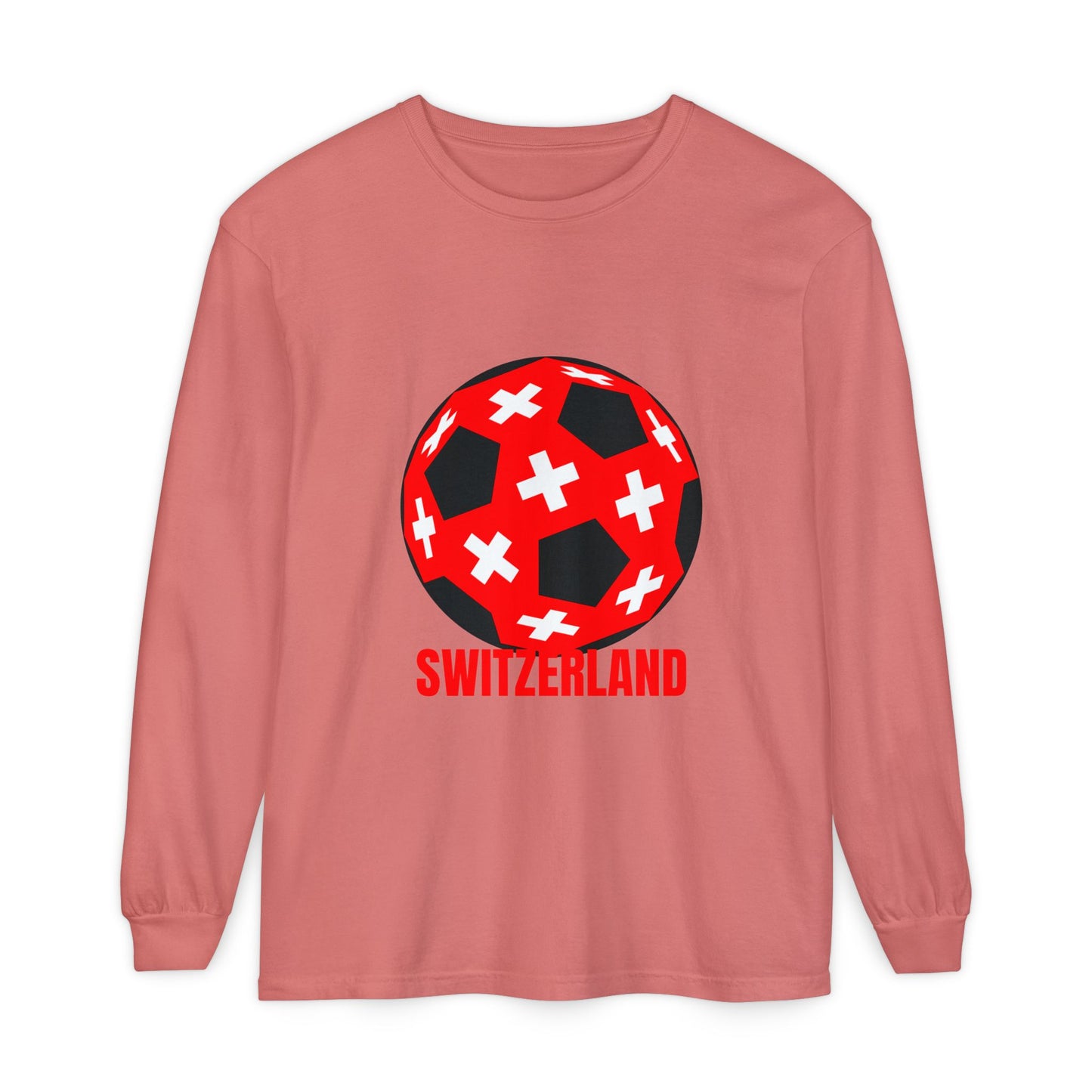 Switzerland Fan Specialty Soccer Ball Design T Shirt Long Sleeve Tee Red Text