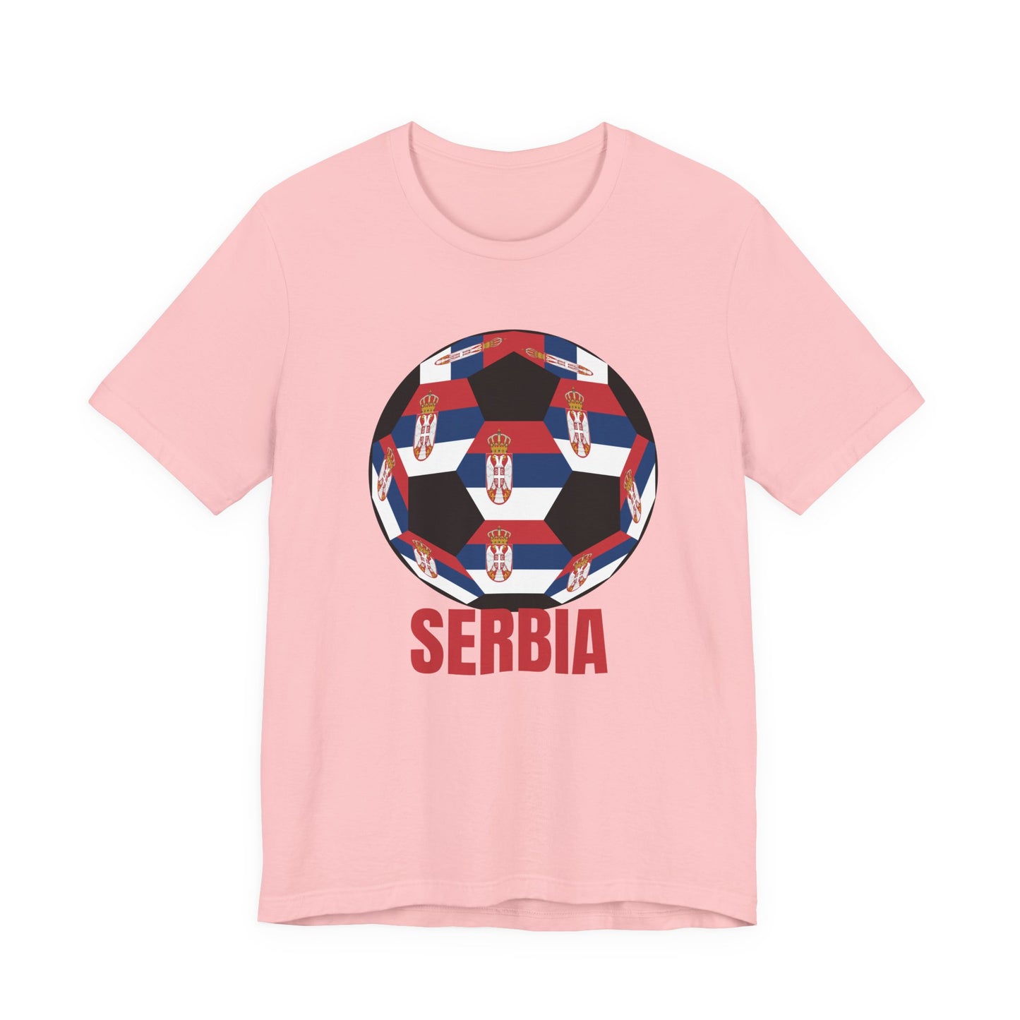 Serbia Fan Specialty Soccer Ball Design T Shirt Red Text