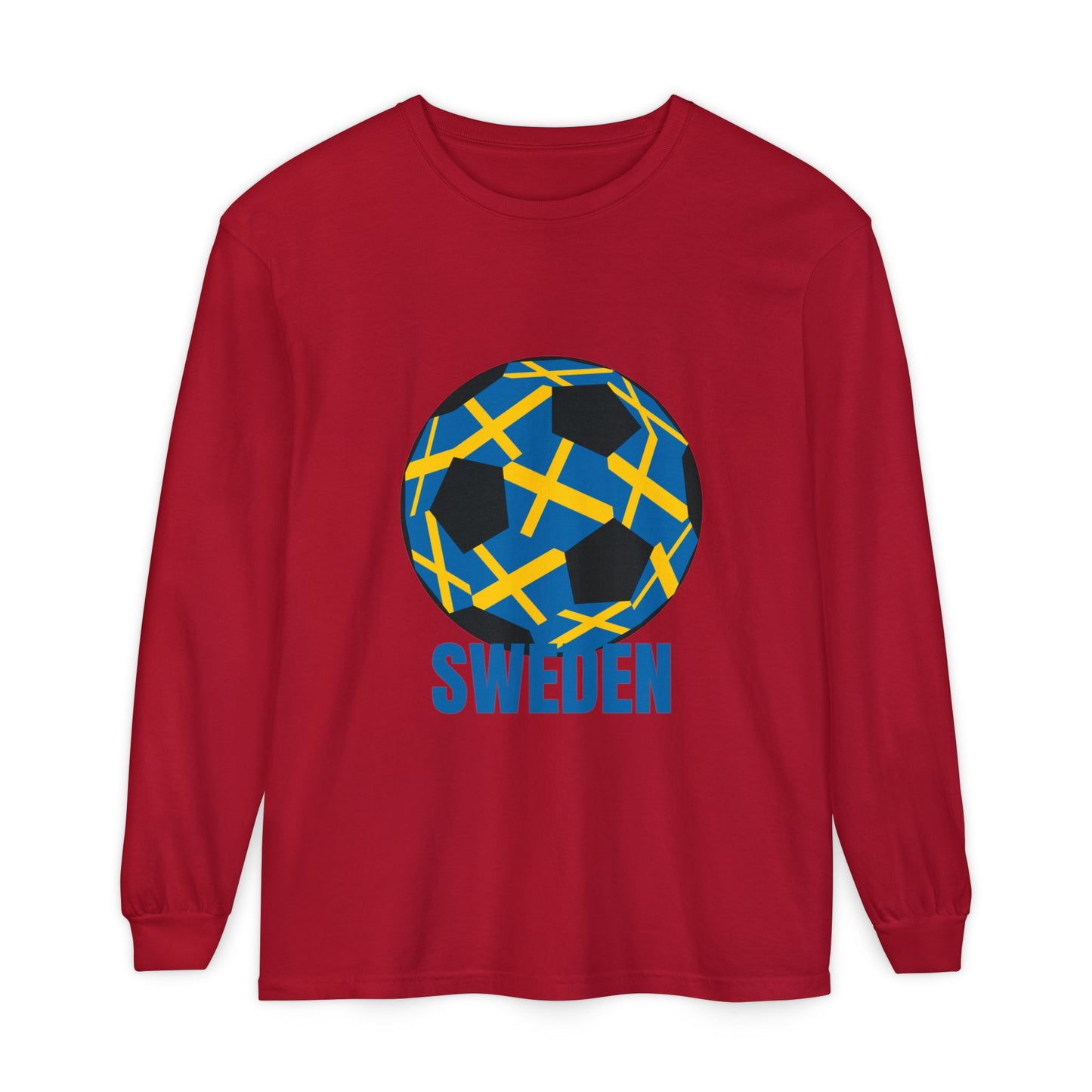 Sweden Fan Specialty Soccer Ball Design Long Sleeve Tee Blue Text