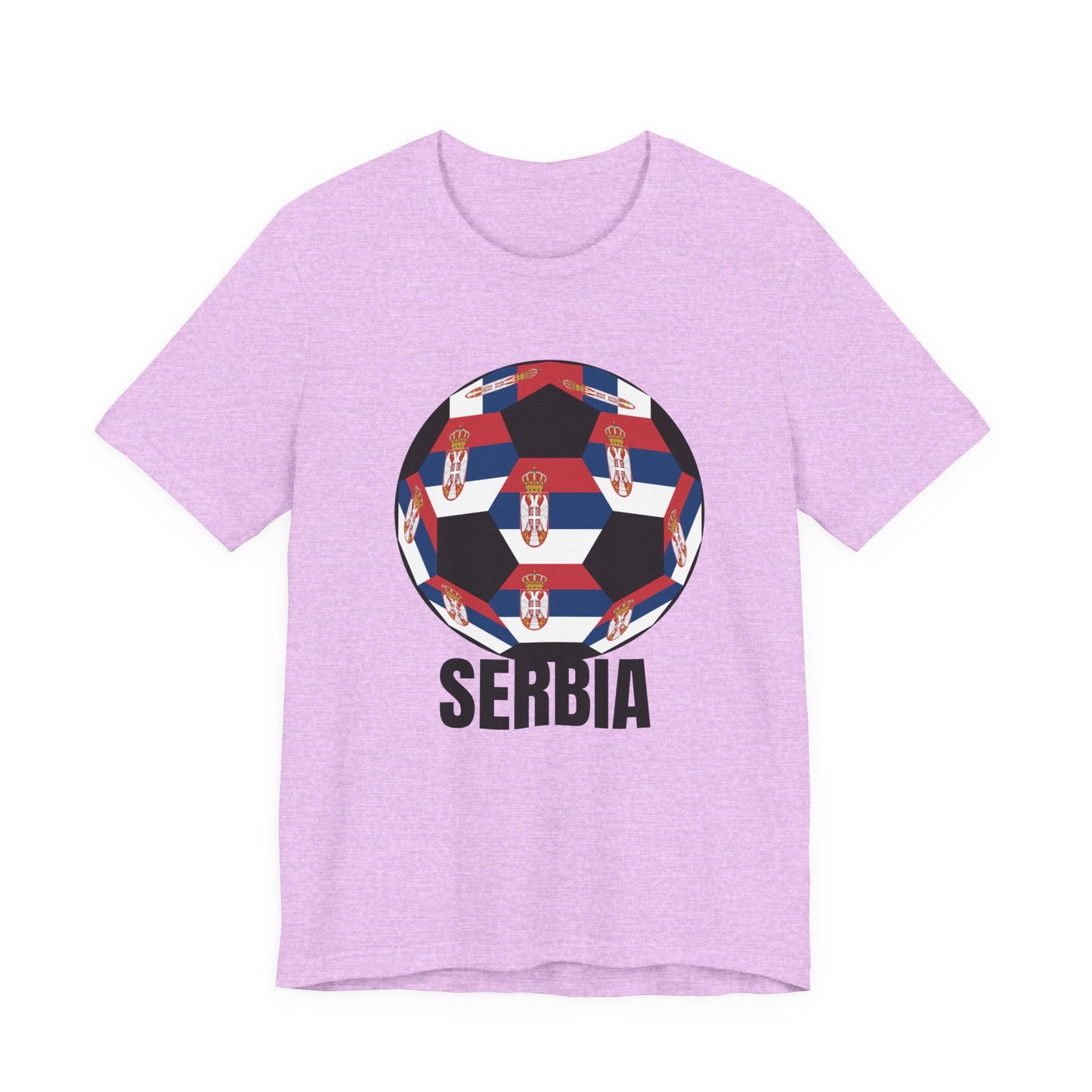 Serbia Fan Specialty Soccer Ball Design T Shirt Black Text