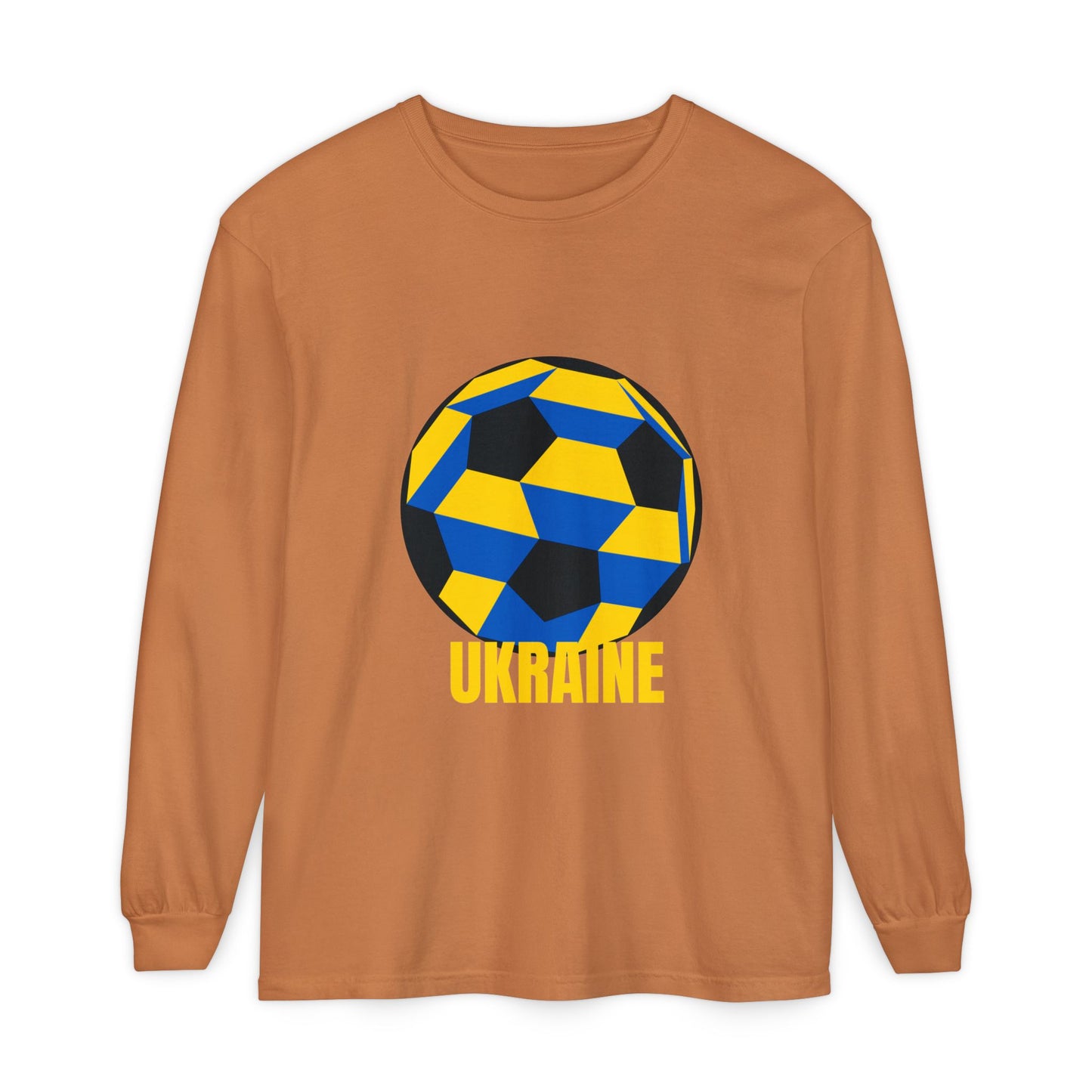Ukraine Fan Specialty Soccer Ball Design Long Sleeve Tee Yellow Text