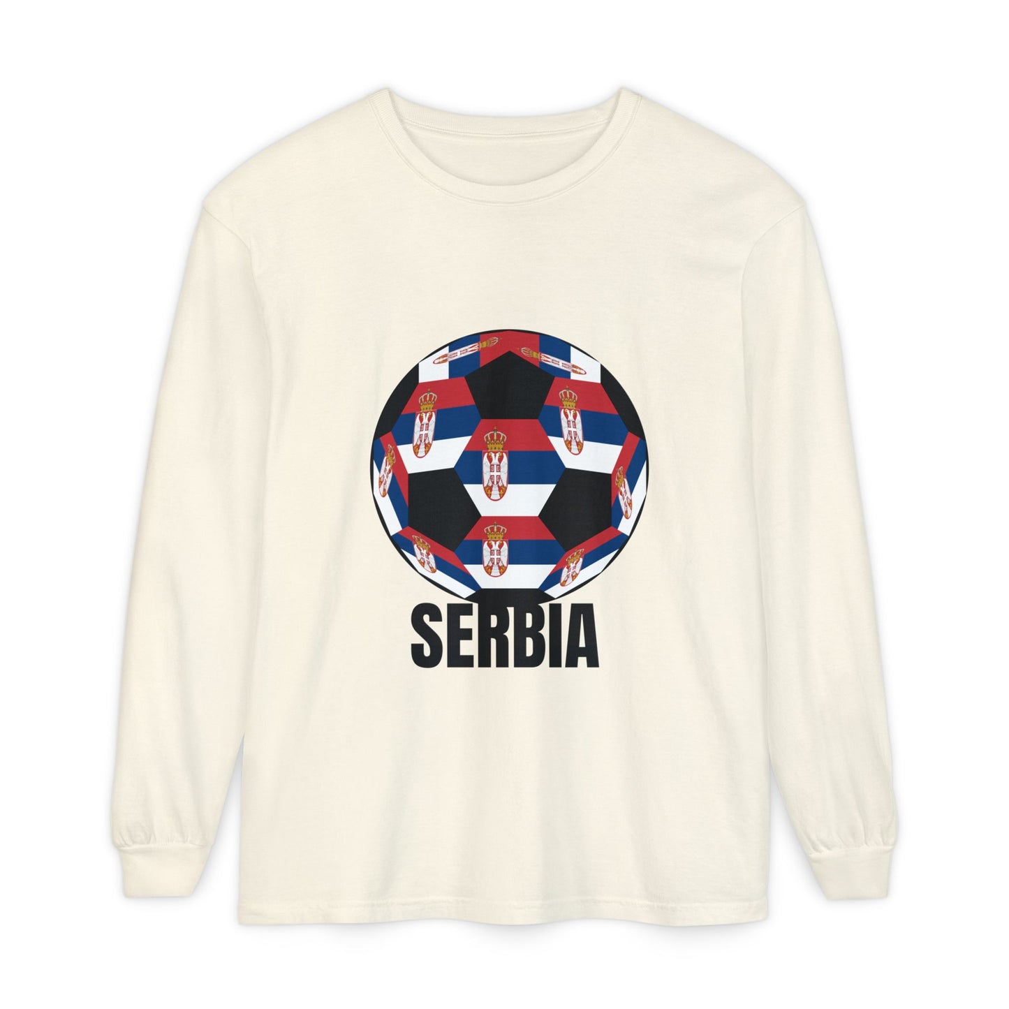 Serbia Fan Specialty Soccer Ball Design T Shirt Long Sleeve Tee Black Print