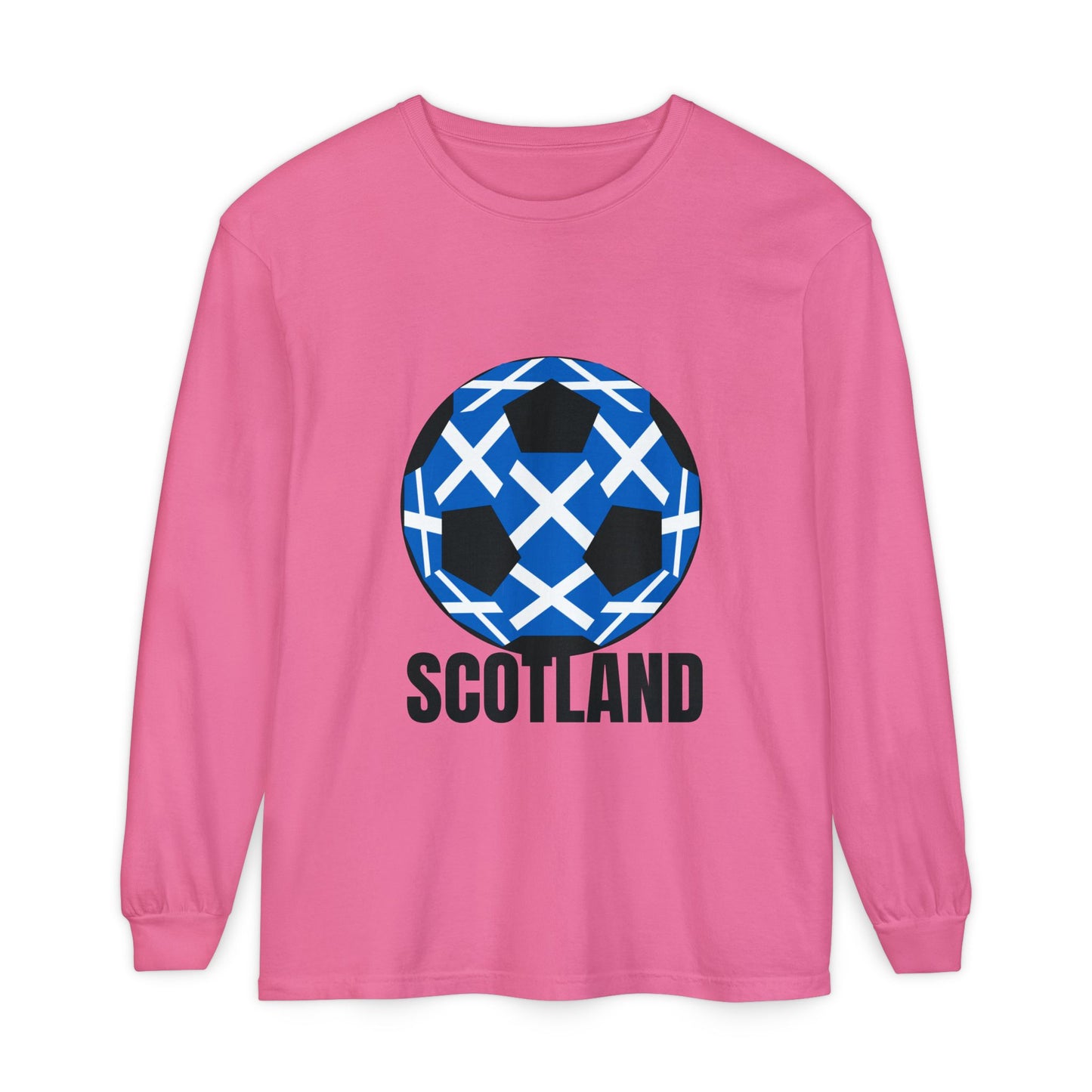Scotland Fan Specialty Soccer Ball Design T Shirt Long Sleeve Tee Black Text