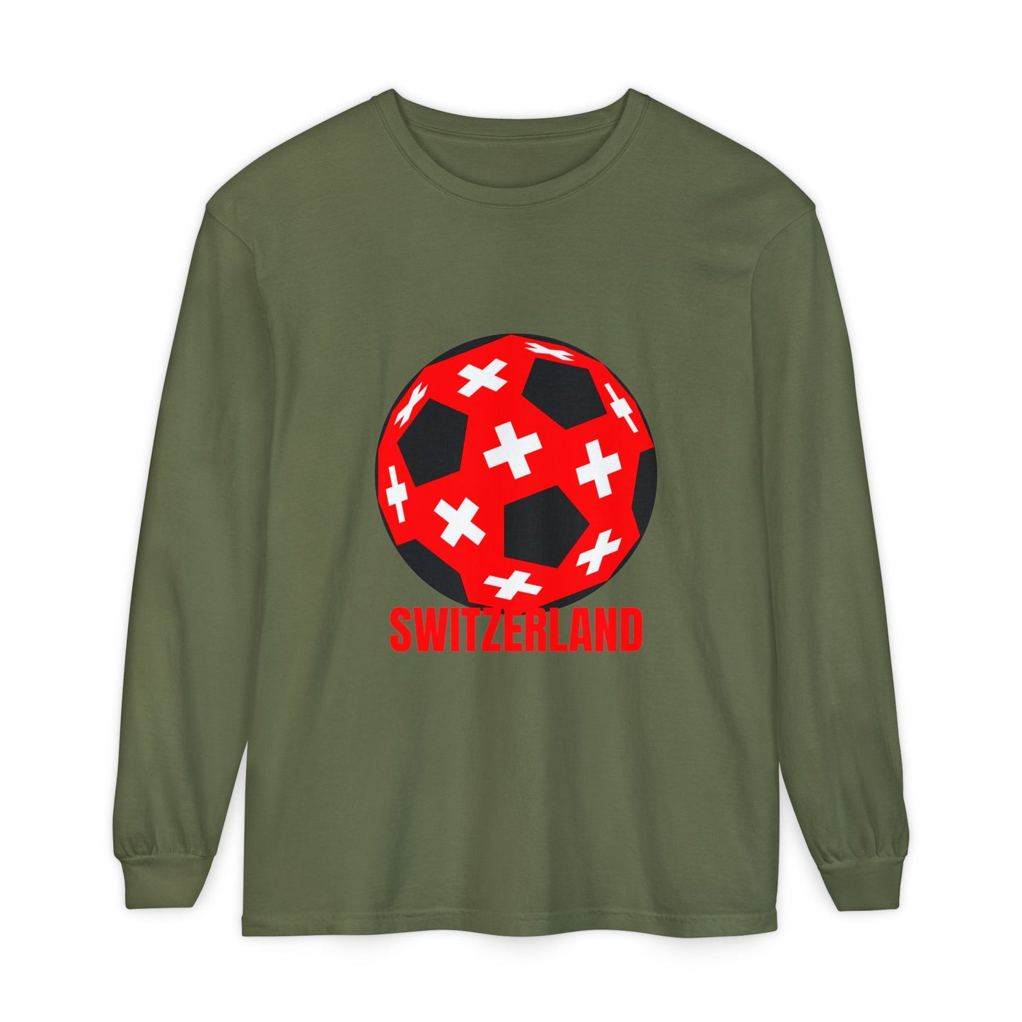 Switzerland Fan Specialty Soccer Ball Design T Shirt Long Sleeve Tee Red Text