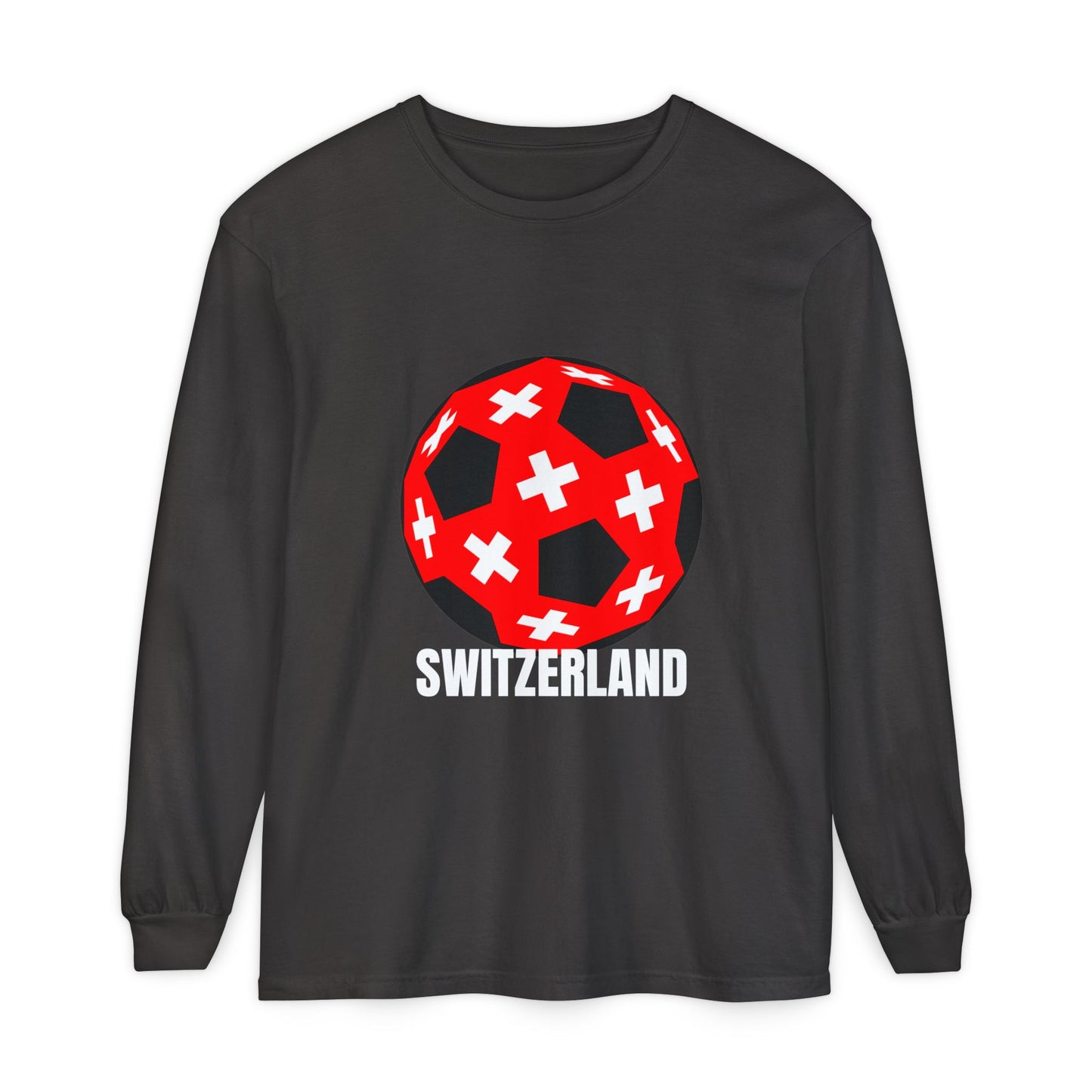 Switzerland Fan Specialty Soccer Ball Design T Shirt Long Sleeve Tee White Text