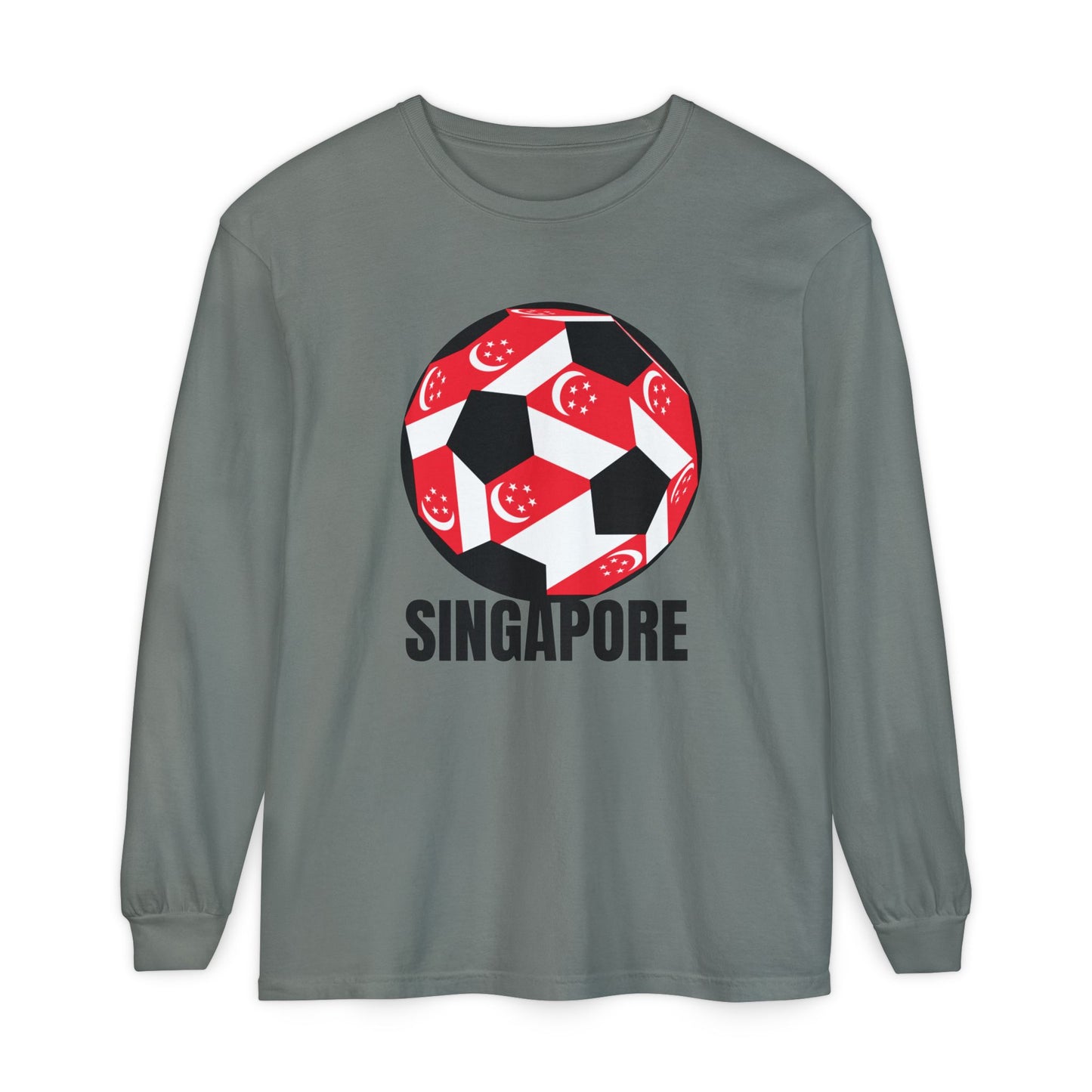 Singapore Fan Specialty Soccer Ball Design T Shirt Long Sleeve Tee Black Text