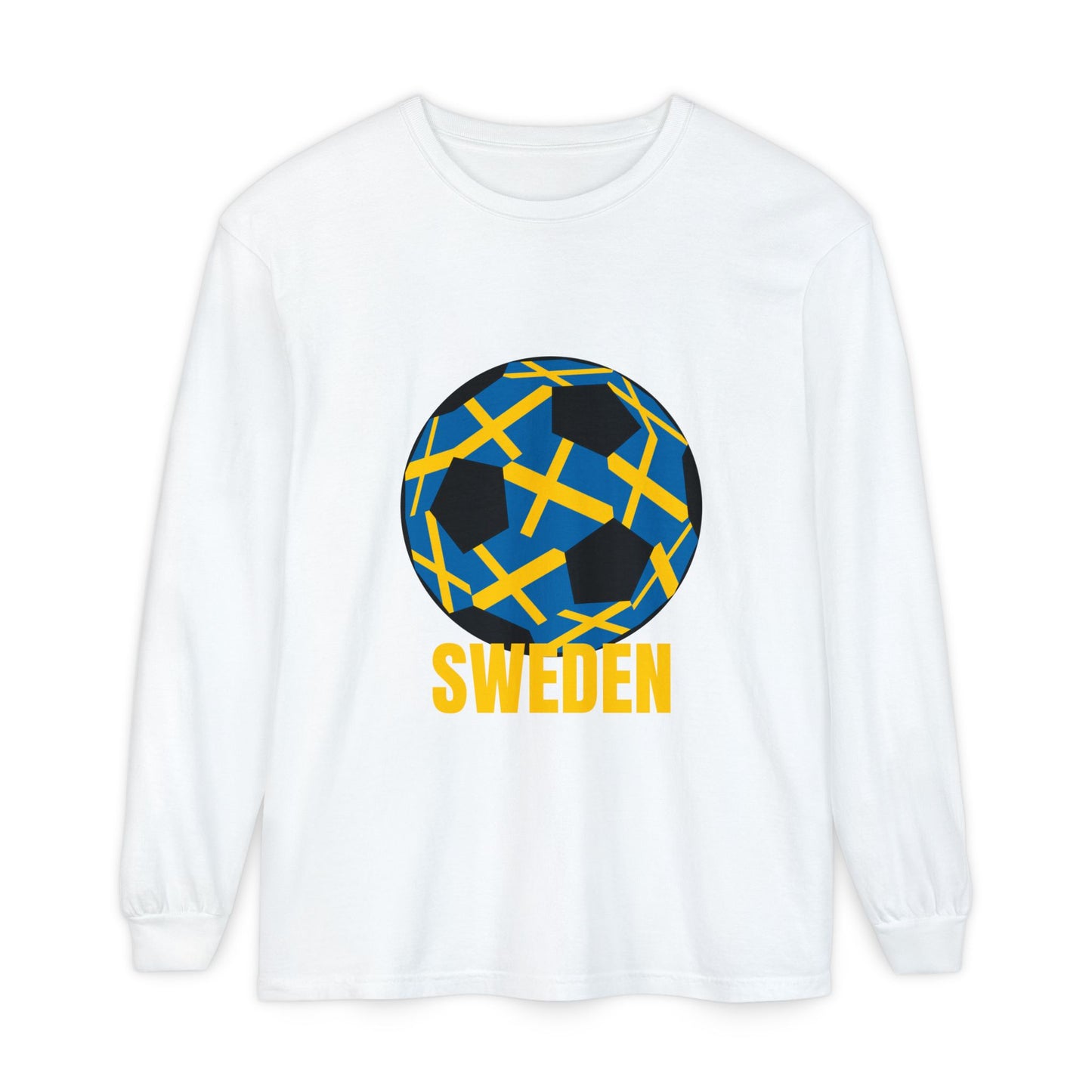 Sweden Fan Specialty Soccer Ball Design T Shirt  Long Sleeve Tee Gold Text