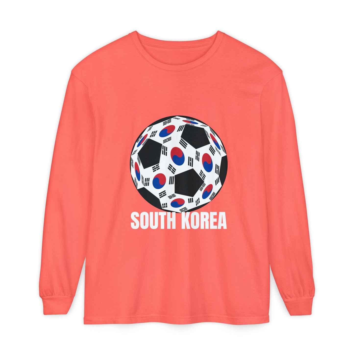 South Korea Fan Specialty Soccer Ball Design T Shirt Long Sleeve Tee White Text