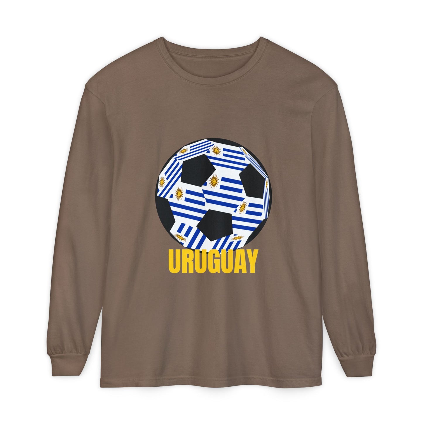Uruguay Fan Specialty Soccer Ball Design Long Sleeve T Shirt Gold Text