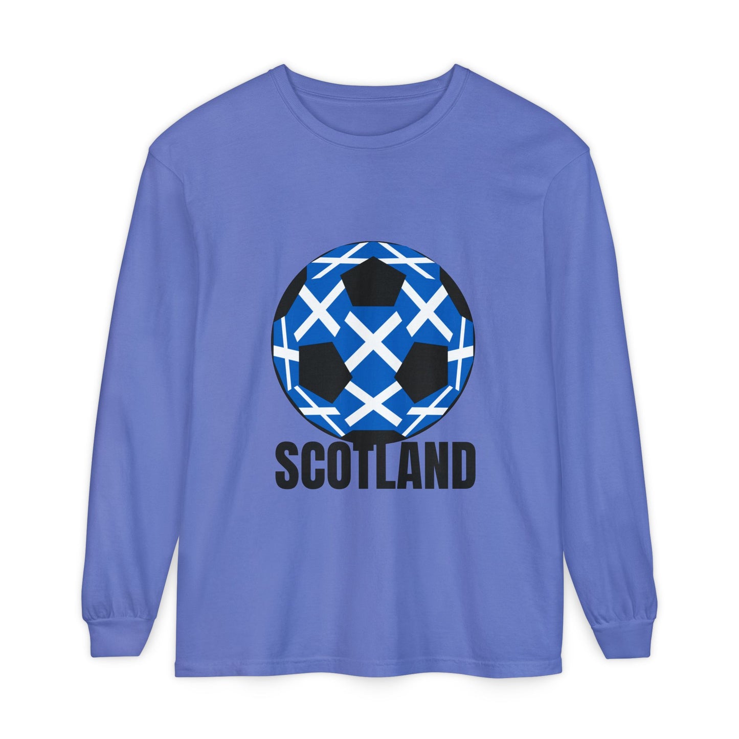 Scotland Fan Specialty Soccer Ball Design T Shirt Long Sleeve Tee Black Text