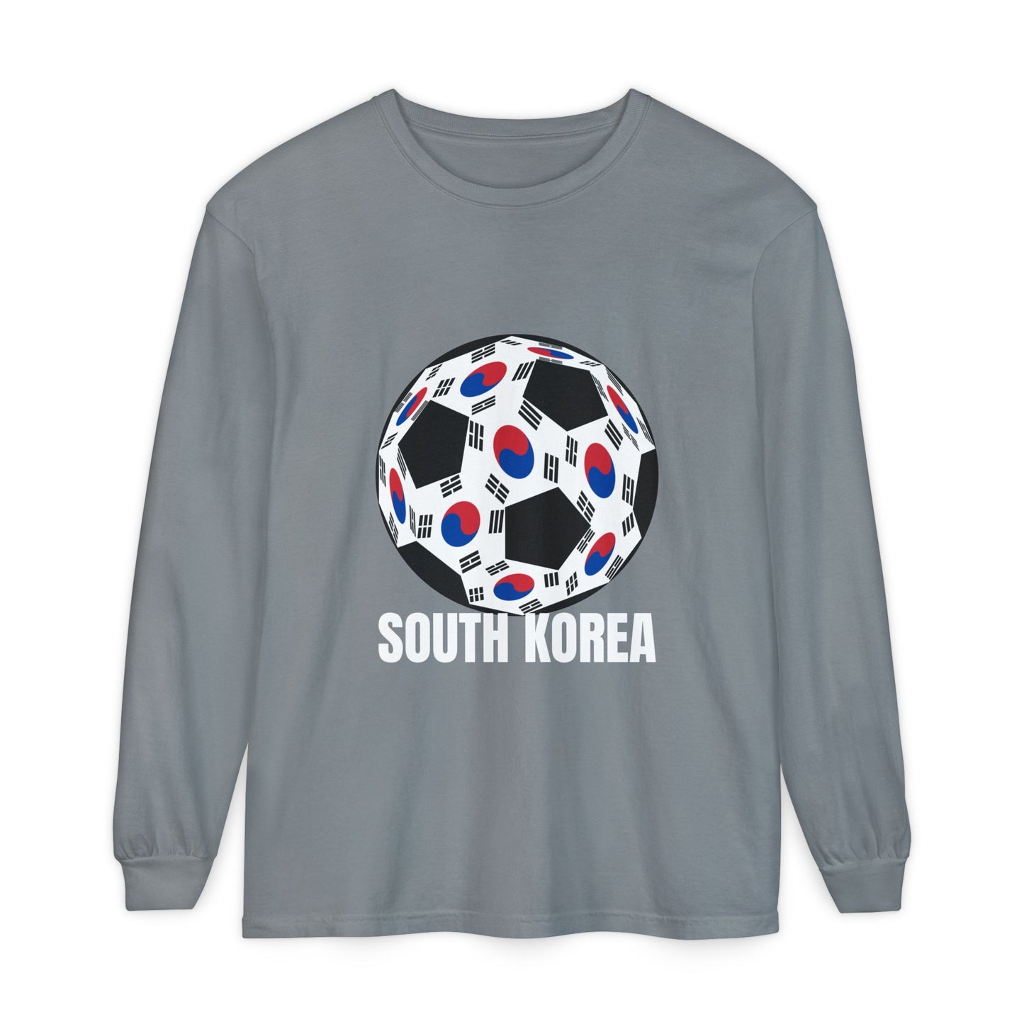 South Korea Fan Specialty Soccer Ball Design T Shirt Long Sleeve Tee White Text