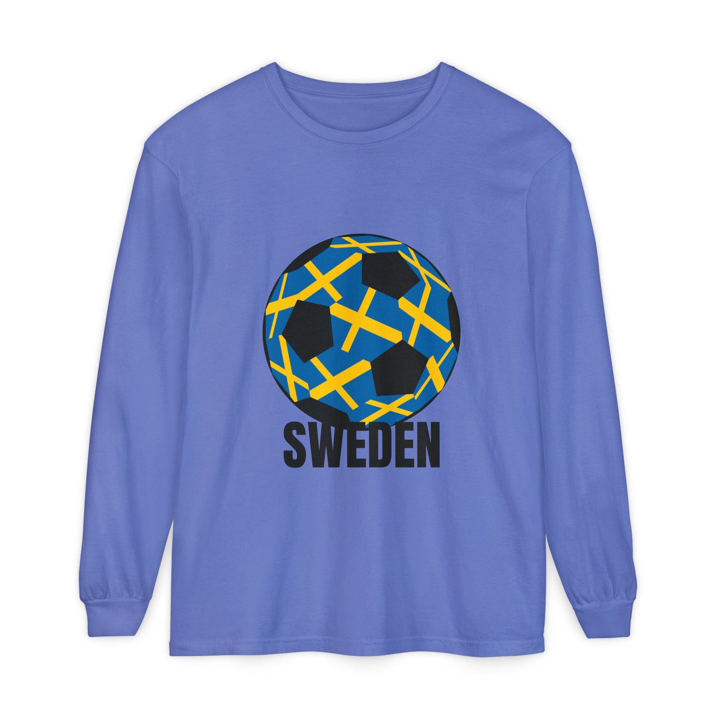 Sweden Fan Specialty Soccer Ball Design Long Sleeve Tee Black Text