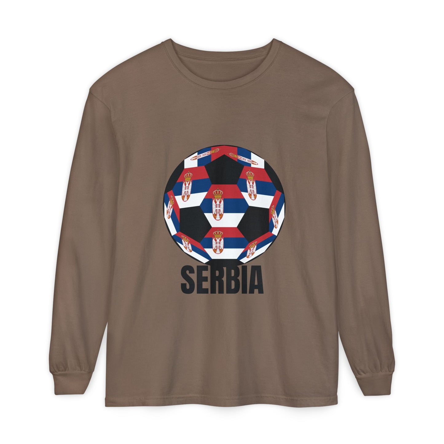 Serbia Fan Specialty Soccer Ball Design T Shirt Long Sleeve Tee Black Print