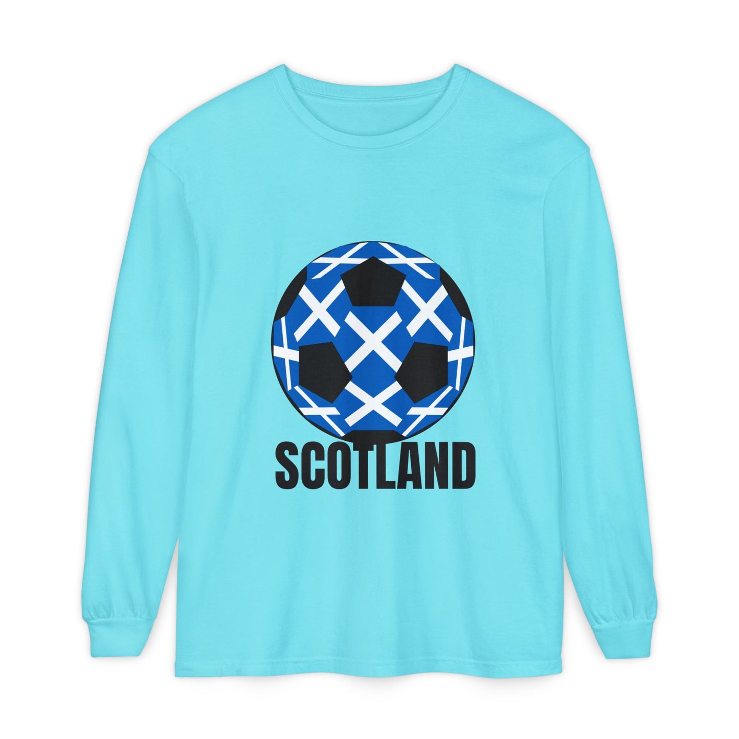 Scotland Fan Specialty Soccer Ball Design T Shirt Long Sleeve Tee Black Text