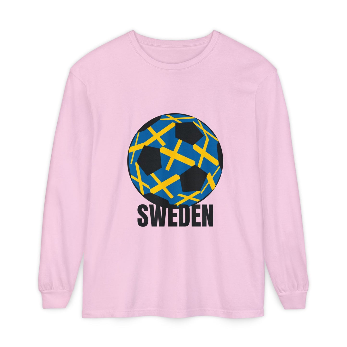 Sweden Fan Specialty Soccer Ball Design Long Sleeve Tee Black Text