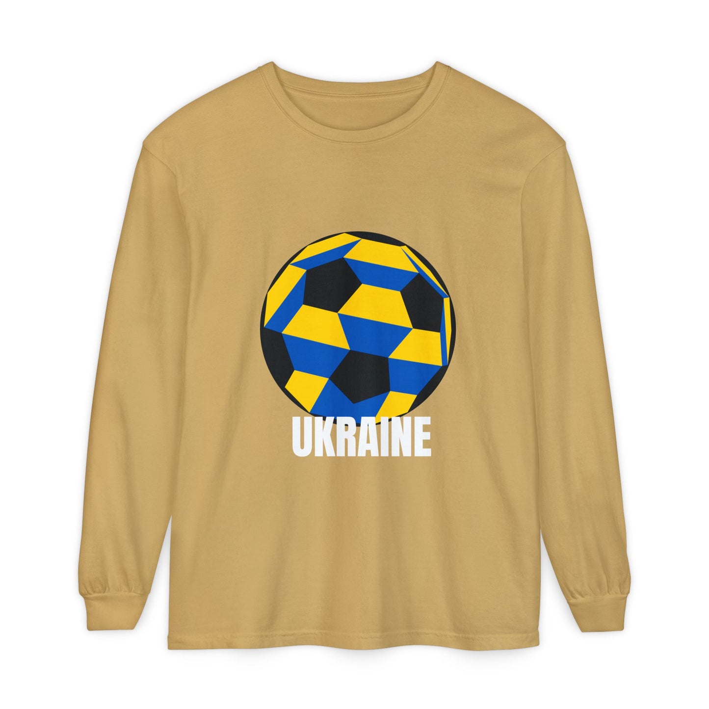 Ukraine Fan Specialty Soccer Ball Design Long Sleeve Tee White Text
