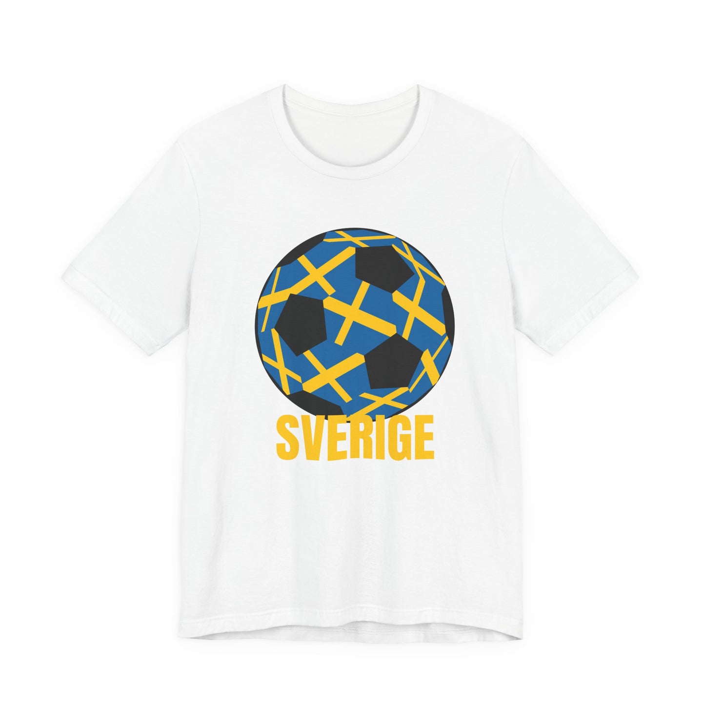 Sverige Fan Specialty Soccer Ball Design T Shirt Gold Text
