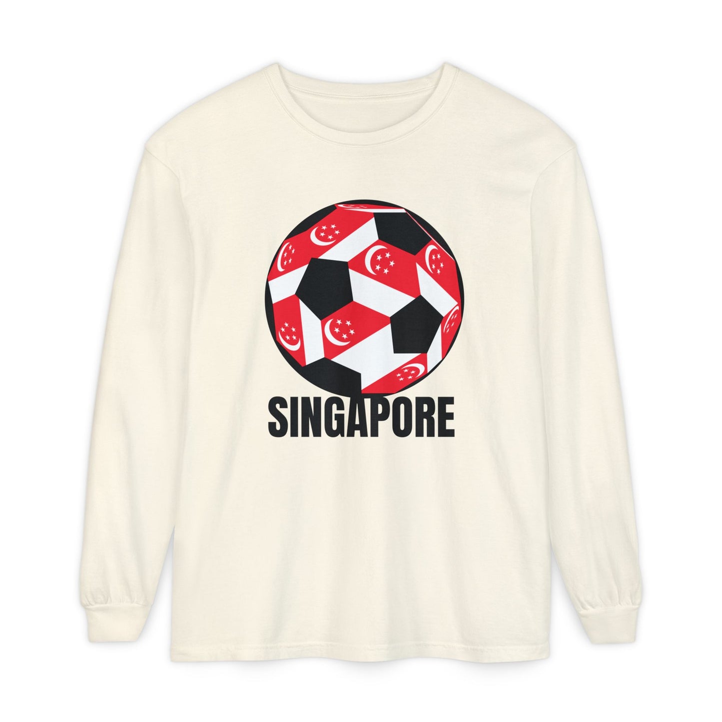 Singapore Fan Specialty Soccer Ball Design T Shirt Long Sleeve Tee Black Text
