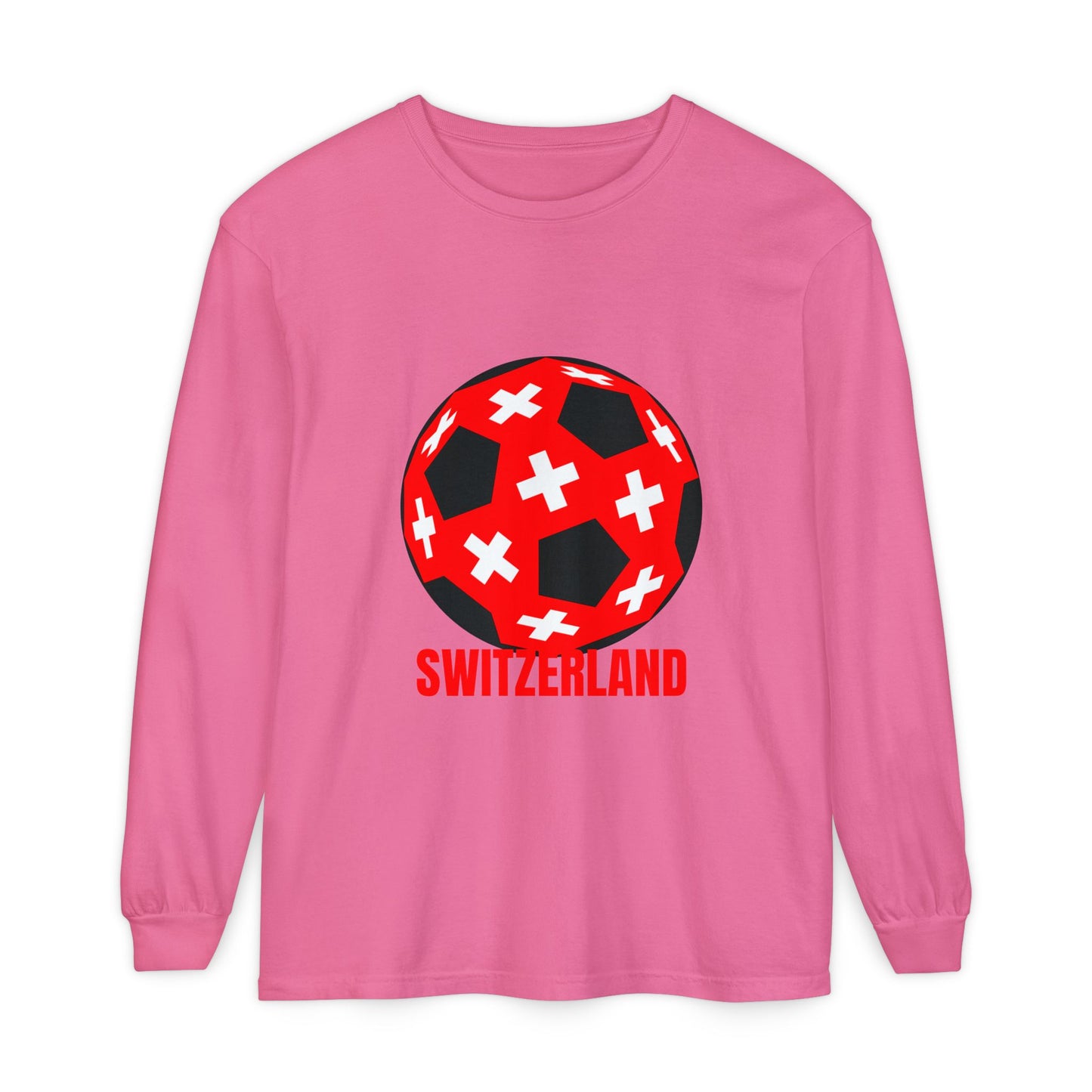 Switzerland Fan Specialty Soccer Ball Design T Shirt Long Sleeve Tee Red Text