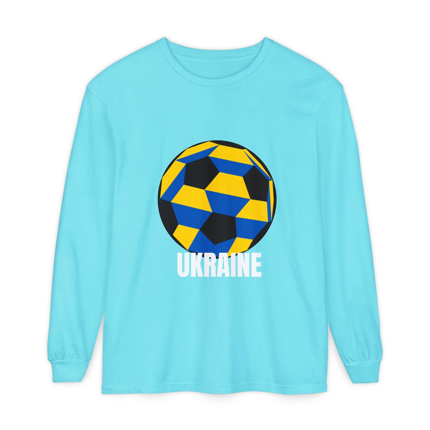 Ukraine Fan Specialty Soccer Ball Design Long Sleeve Tee White Text
