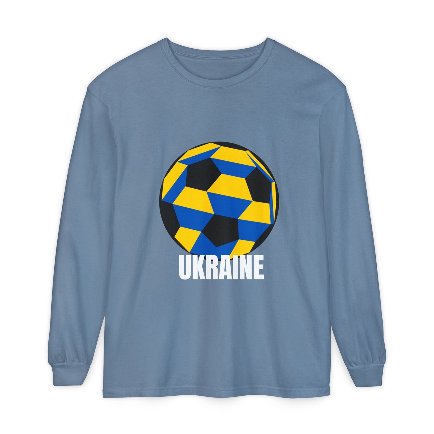 Ukraine Fan Specialty Soccer Ball Design Long Sleeve Tee White Text