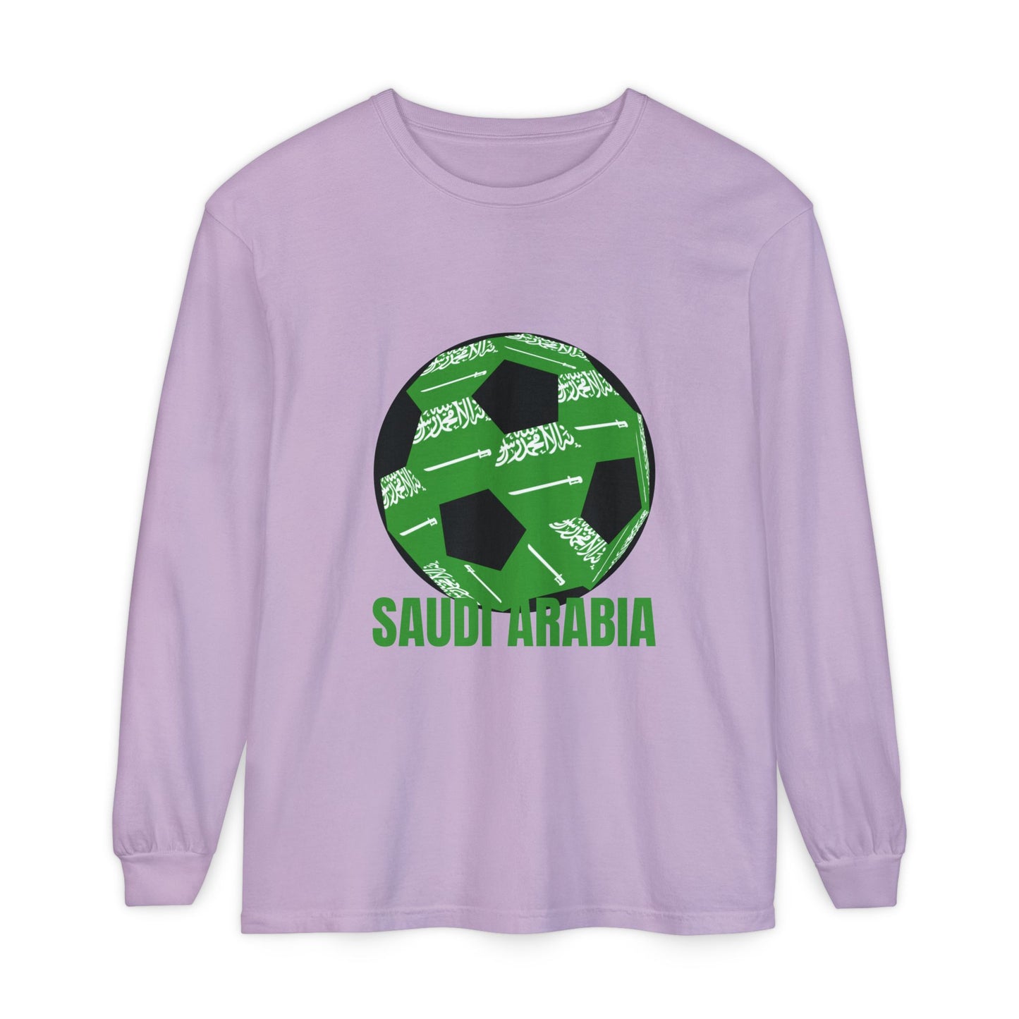 Saudi Arabia Fan Specialty Soccer Ball Design T Shirt Long Sleeve Tee Green Text