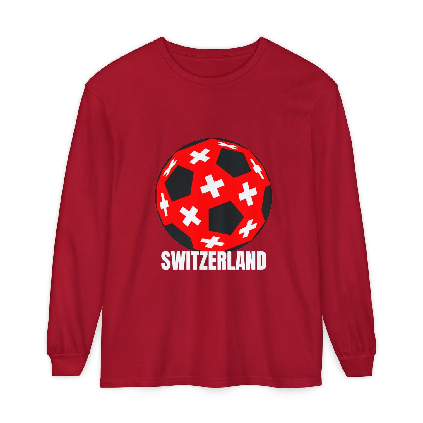 Switzerland Fan Specialty Soccer Ball Design T Shirt Long Sleeve Tee White Text