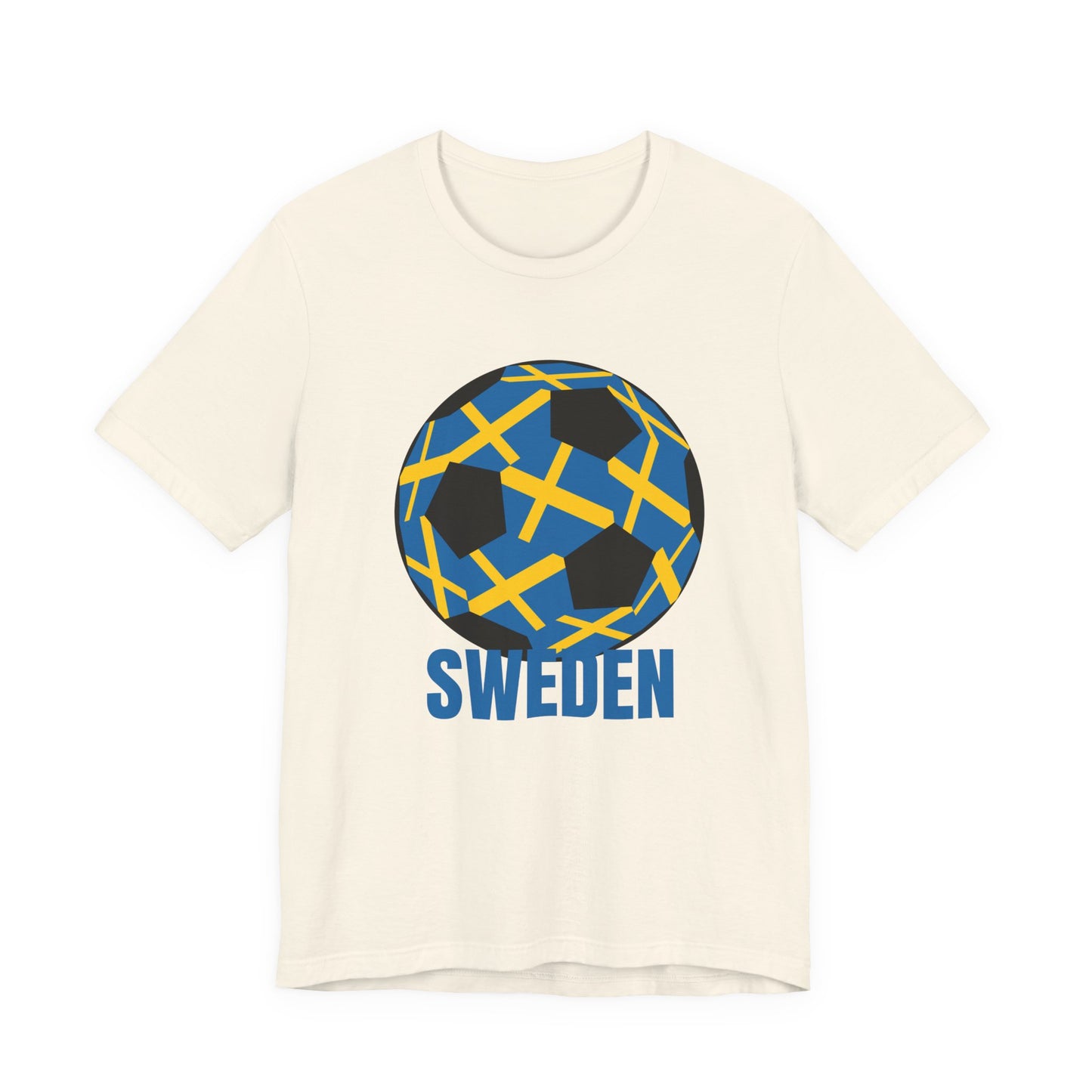 Sweden Fan Specialty Soccer Ball Design T Shirt Blue Text
