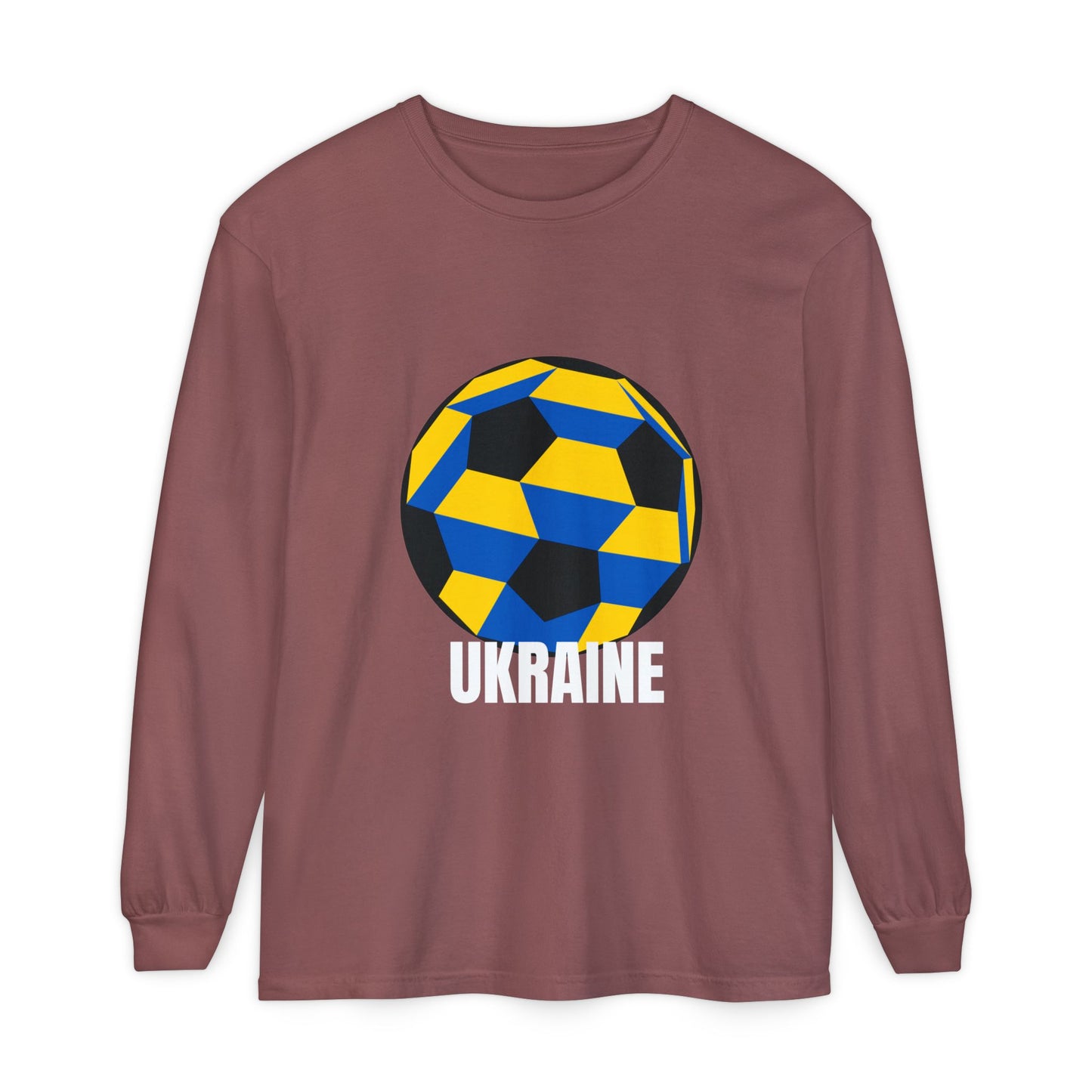Ukraine Fan Specialty Soccer Ball Design Long Sleeve Tee White Text