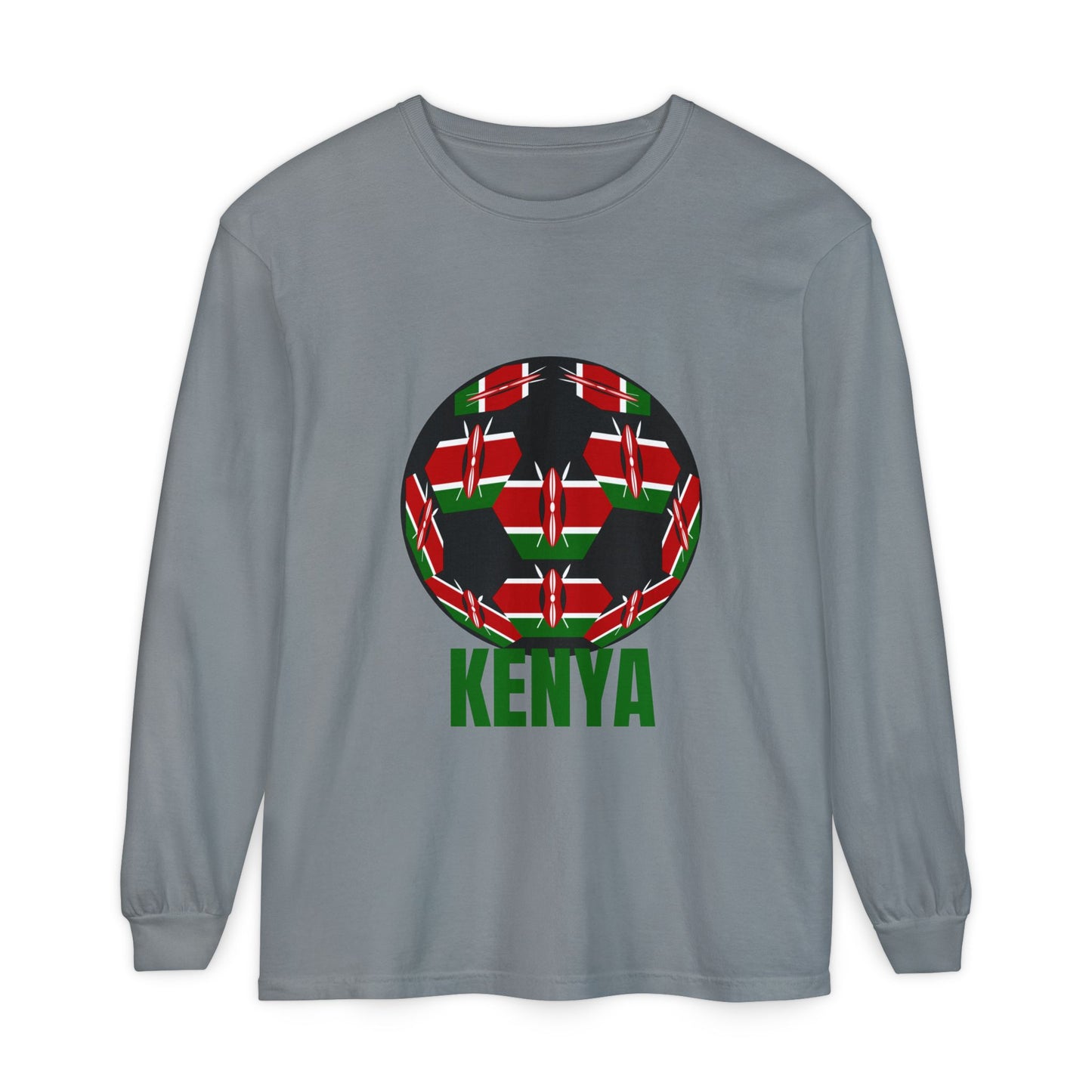 Kenya Fan Specialty Soccer Ball Design T Shirt Long Sleeve Tee Green Text