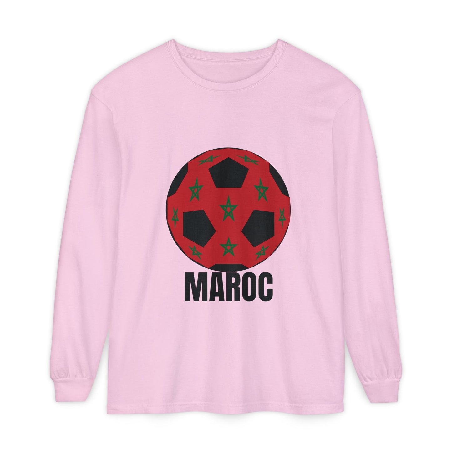 Morocco Maroc Fan Specialty Soccer Ball Design T Shirt Long Sleeve Tee Black Text